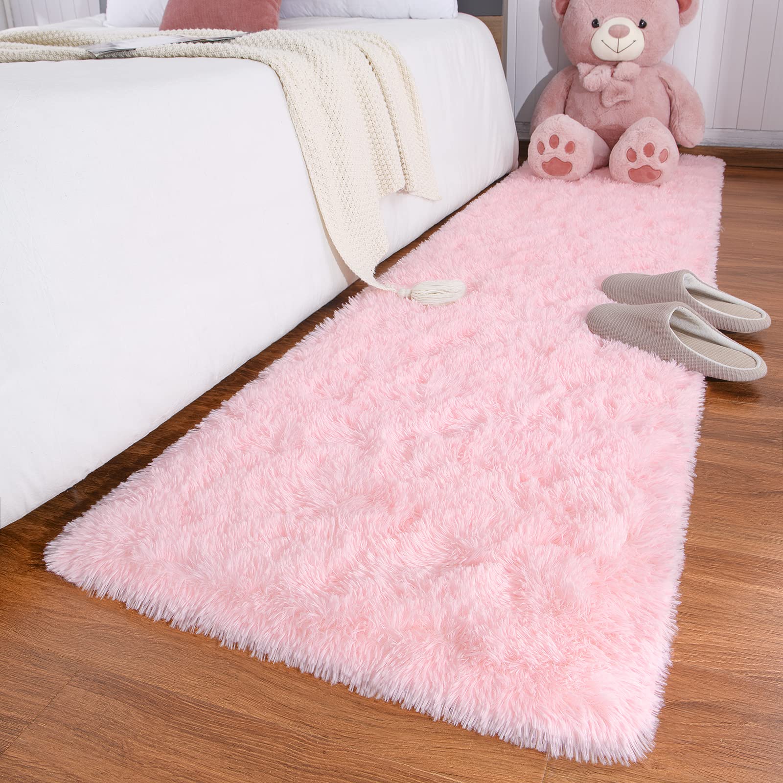 Keeko Fluffy Rugs for Bedroom Living Room, 2x8 Pink Bedside Runner Rug Indoor Non Slip Plush Fuzzy Rug Ultra Soft Cute Washable 