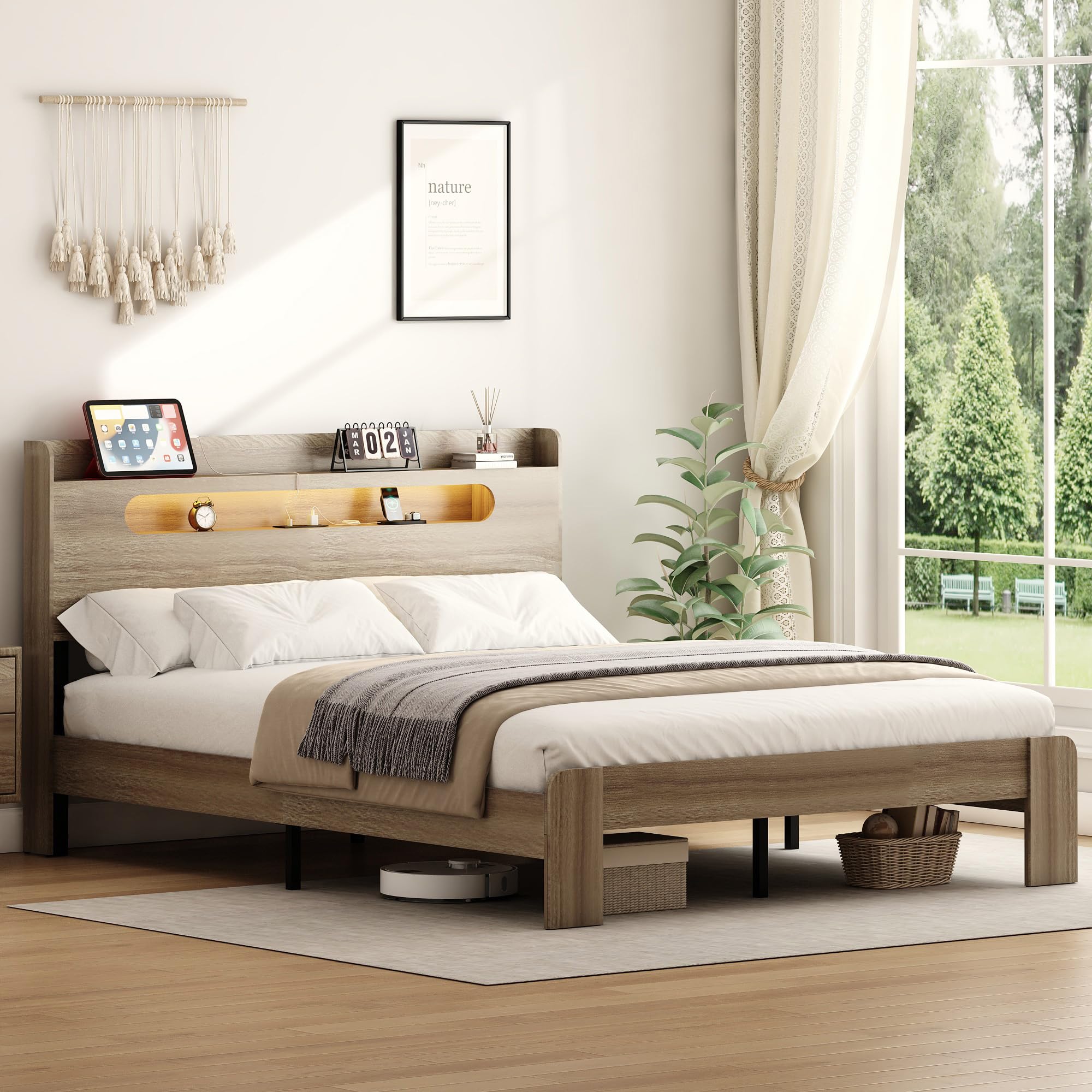 Decoholic Queen Size Wooden Bed Frame, Storage Headboard With Charging Station & Led Lights, Solid And Stable, Noise Free,Rustic