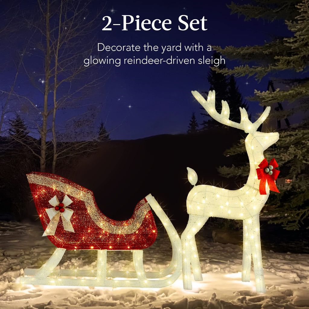 Best Choice Products Lighted Christmas 4Ft Reindeer & Sleigh Outdoor Yard Decoration Set W/ 205 Led Lights, Stakes, Zip Ties - White