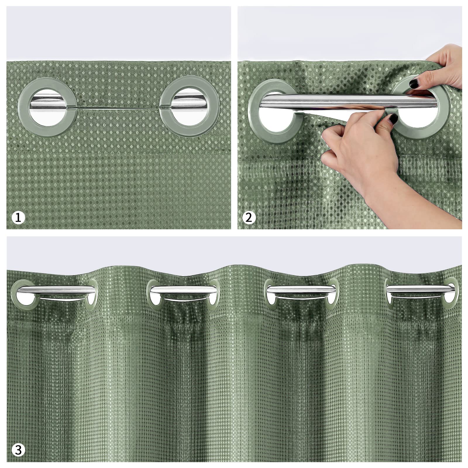 Mitovilla No Hooks Required Sage Green Waffle Shower Curtain Set With Snap-In Liner, Modern Heavyweight Fabric Shower Curtain Fo