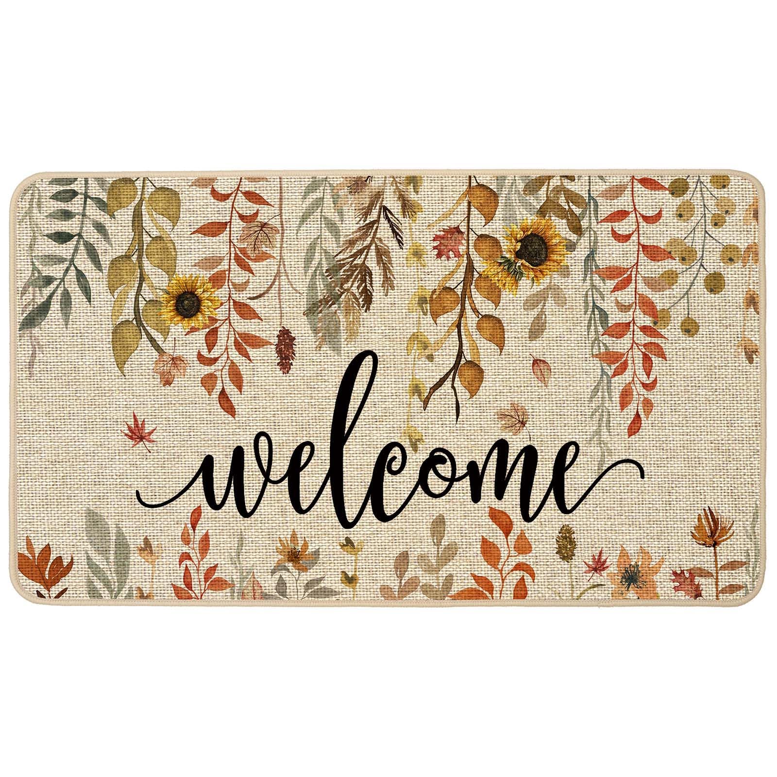 Ortigia Welcome Fall Doormat Indoor Outdoor Patio Eucalyptus Leaves Sunflowers Door Mats Non-Slip Durable Entrance Mat For Farmh