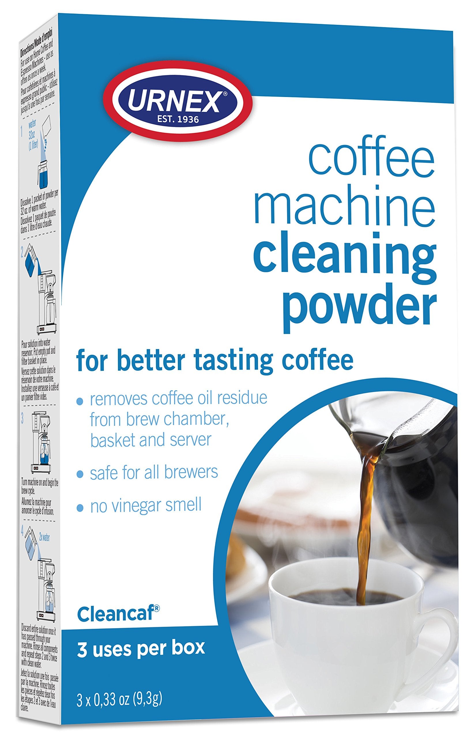 Urnex Coffee Maker and Espresso Machine Cleaner Cleancaf Powder - 3 Packets - Safe On Keurig Delonghi Nespresso Ninja Hamilton B