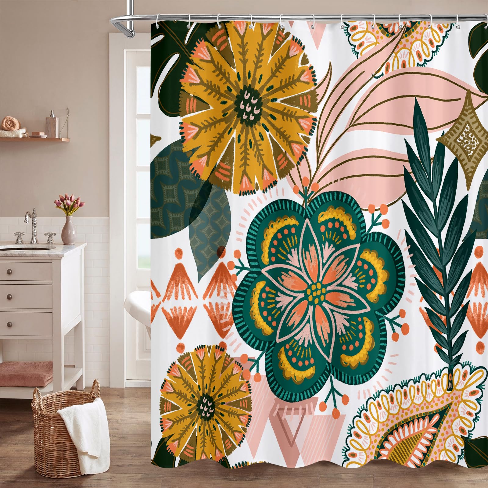 Mitovilla Boho Floral Shower Curtain, Modern Flower Shower Curtains For Rustic Vintage Bathroom Decor, Abstract Fabric Cloth Sho