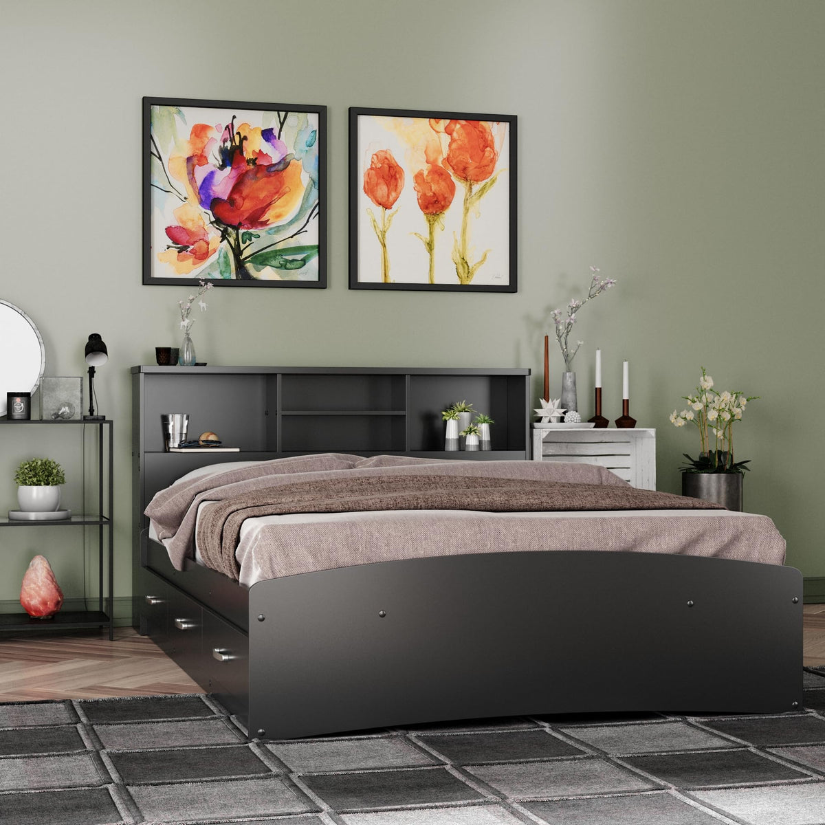 Bed with 3 Drawers and Bookcase Headboard (Black, Full)