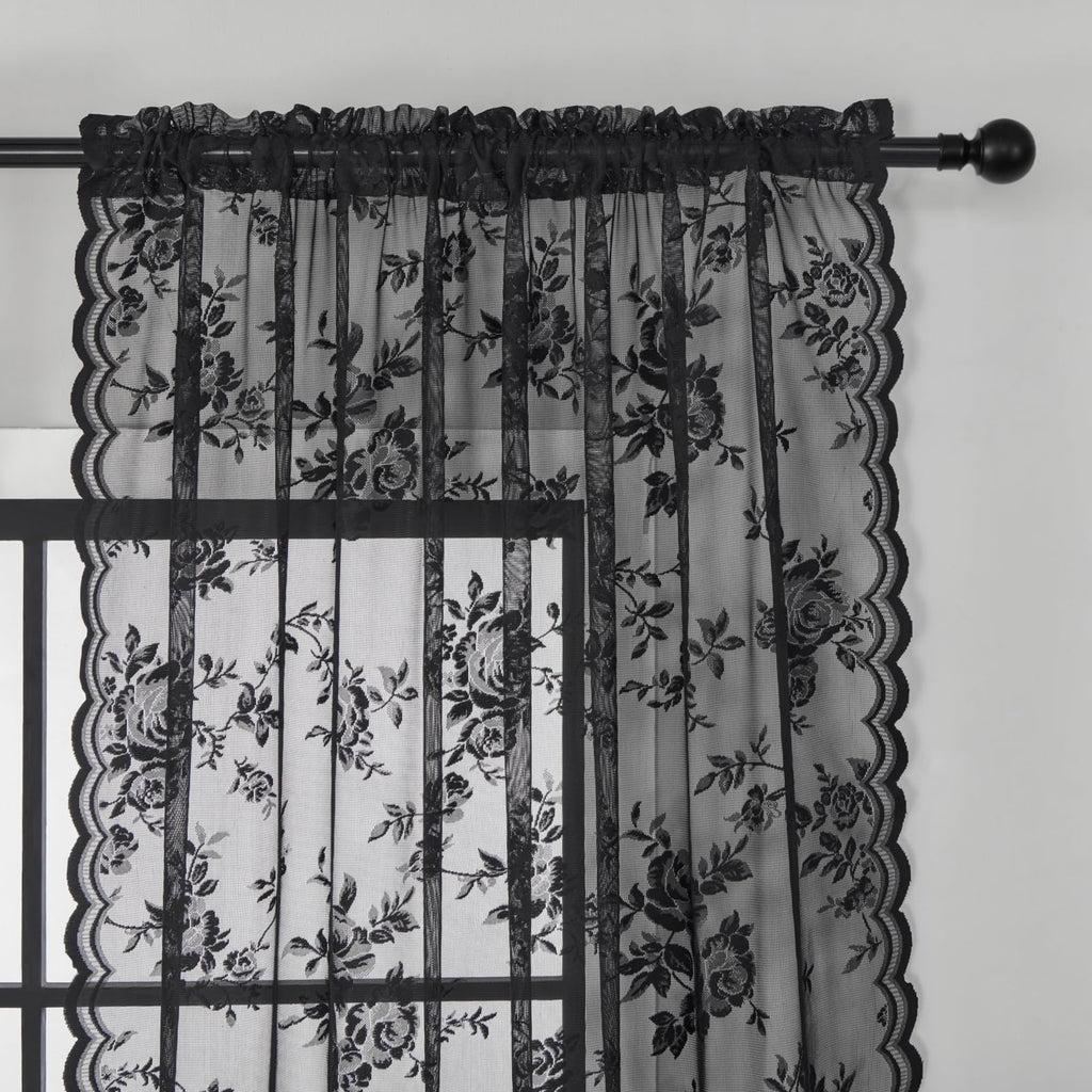 Seekright Black Lace Curtains 45 Inch Length Sheer Floral Curtains For Kitchen Cafe Rod Pocket Light Filtering Small Window Vict