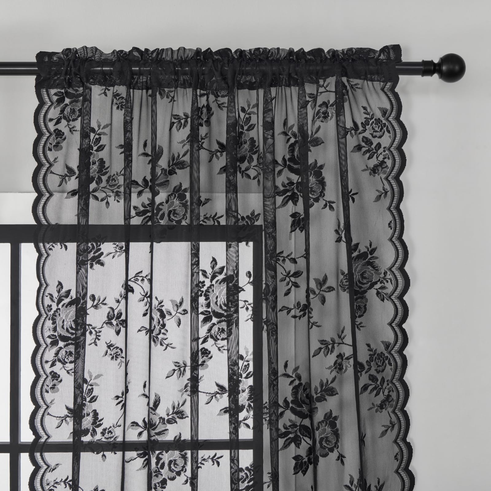 Seekright Black Lace Curtains 45 Inch Length Sheer Floral Curtains For Kitchen Cafe Rod Pocket Light Filtering Small Window Vict