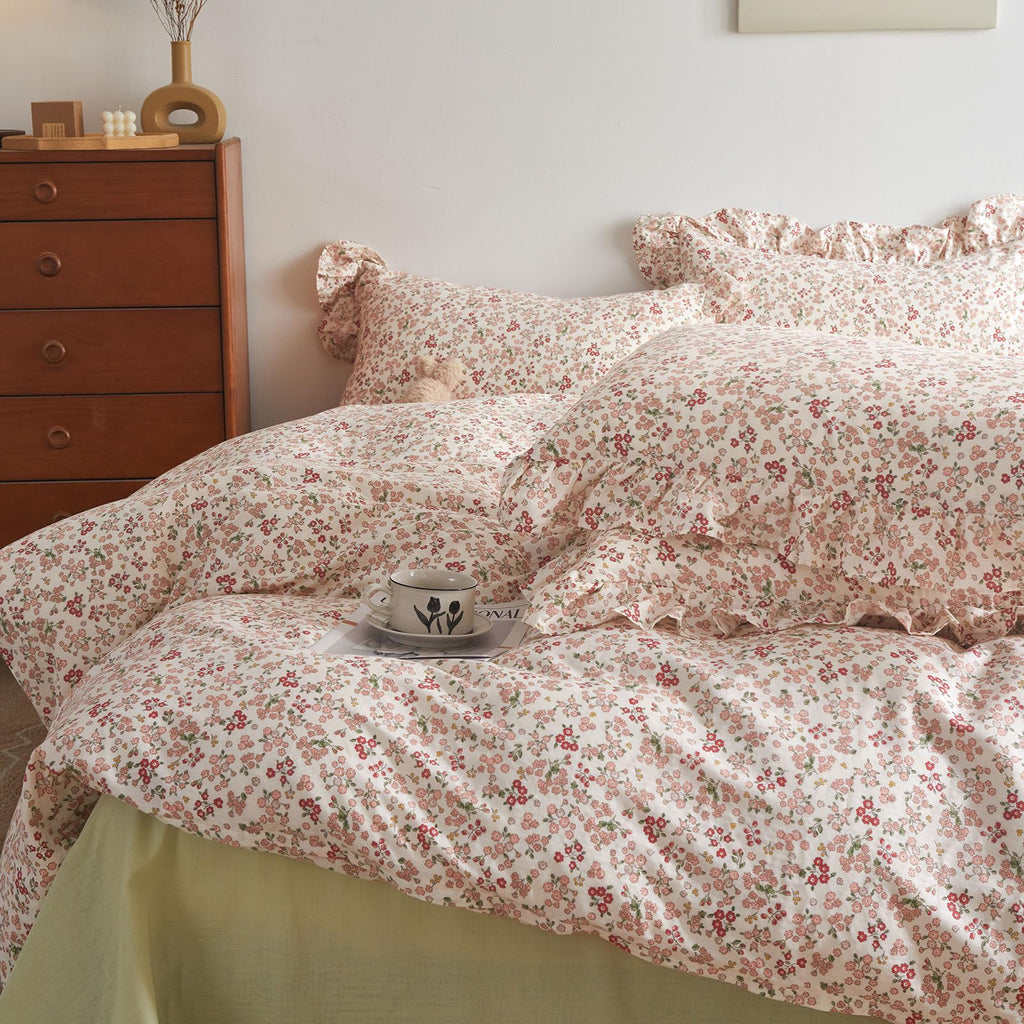 Girls Floral Duvet Cover Queen Pink Red Flower Ruffle Duvet Cover Soft Cotton Vintage Garden Style Lace Floral Bedding Set Queen