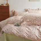 Girls Floral Duvet Cover Queen Pink Red Flower Ruffle Duvet Cover Soft Cotton Vintage Garden Style Lace Floral Bedding Set Queen
