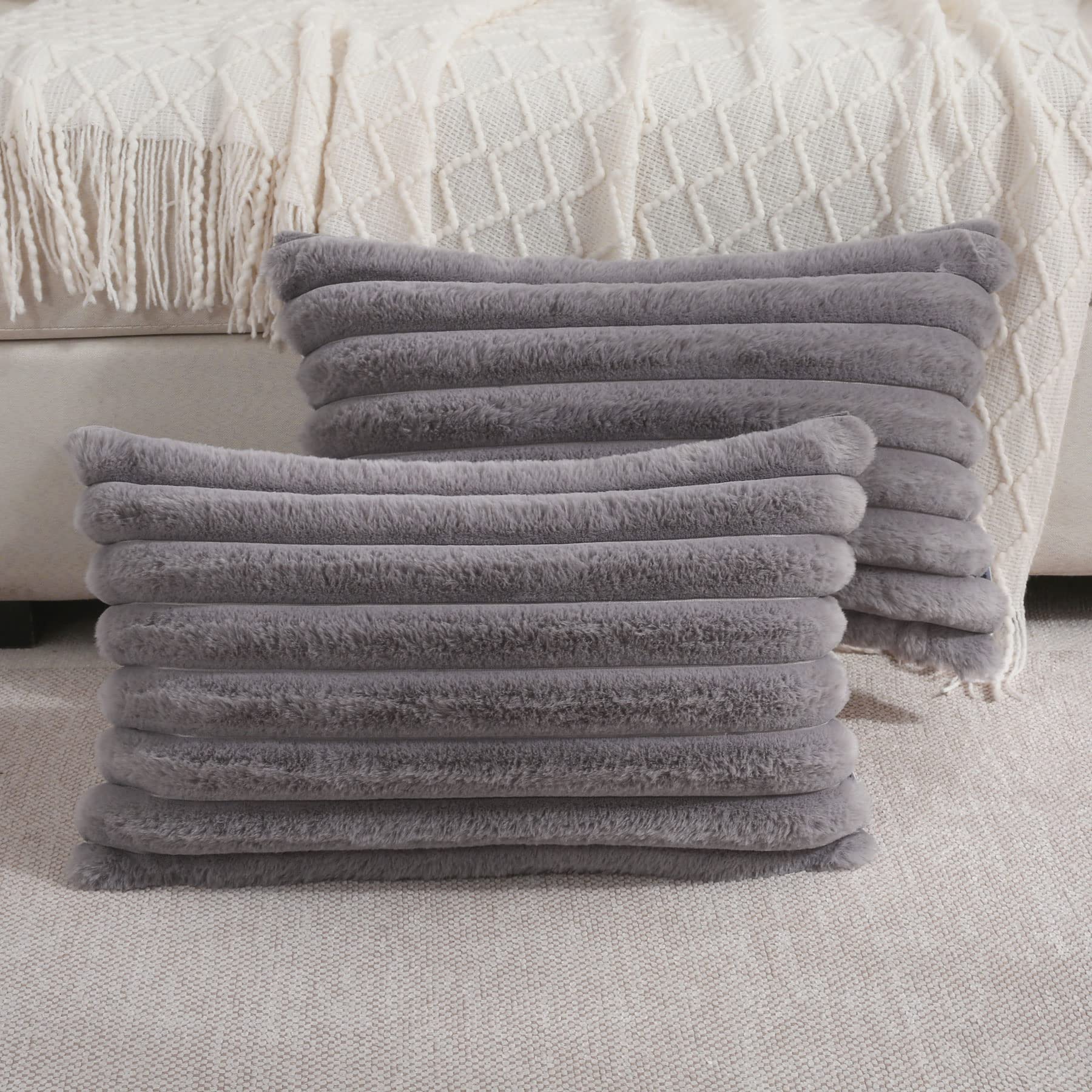 Futei Grey Striped Decorative Throw Pillow Covers 12X20 Inch Set Of 2,Rectangle Spring Decorations Couch Lumbar Pillowcase,Soft