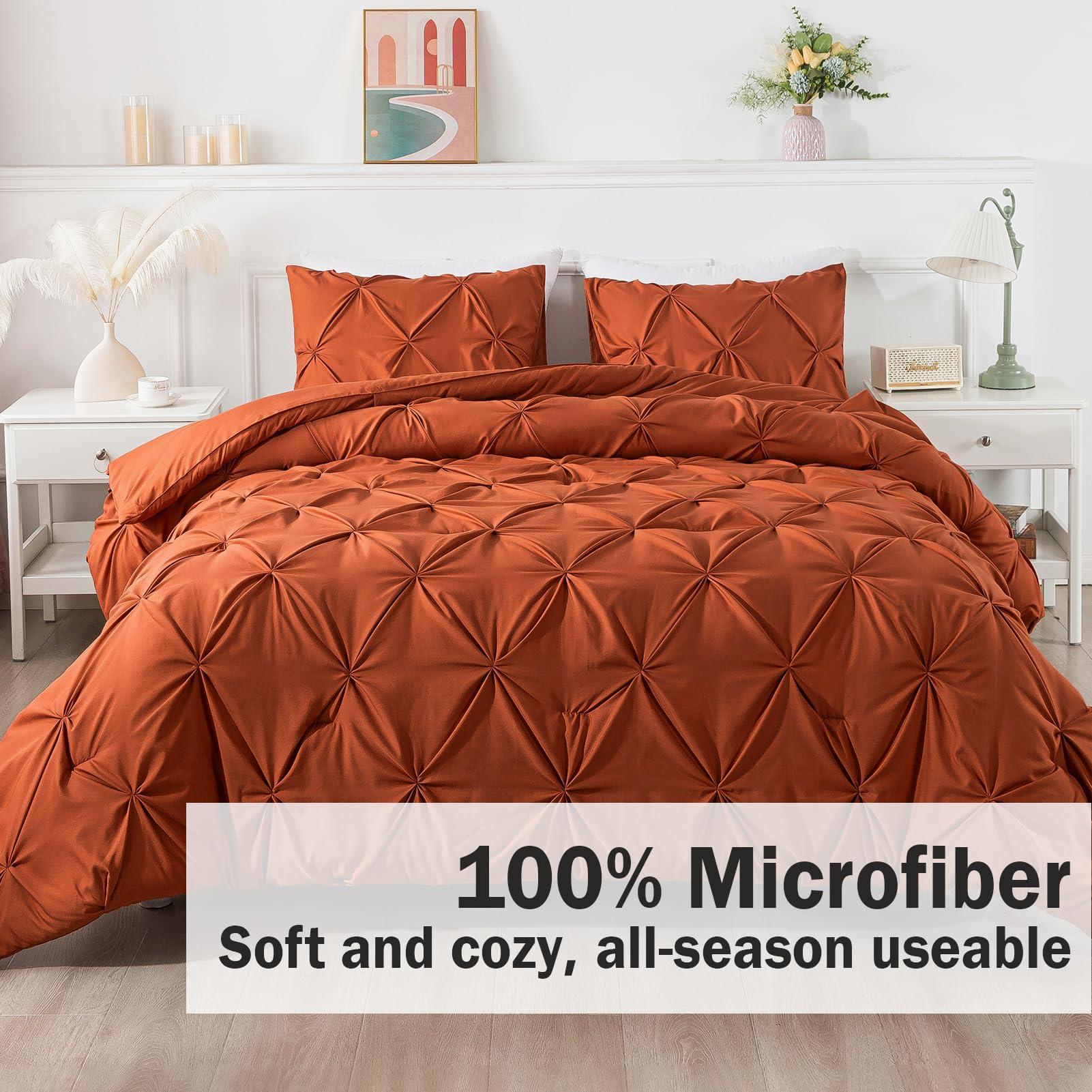 Andency Burnt Orange Terracotta King Size Comforter Set, 3 Pieces Pinch Pleat All Season Bedding Set, Soft Lightweight Microfiber Down Alternative Comforter Bed Set