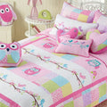Cozy Line Home Fashions Pink Owl All Season Lightweight 100% Cotton Quilt Set With 5 Decorative Pillows-Coverlet Bedding Bedspre
