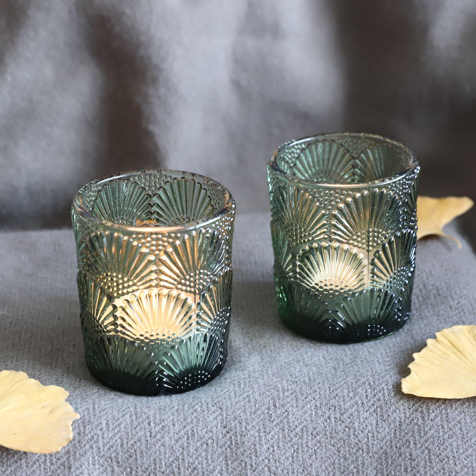 Woho Green Votive Candle Holders Set of 12, Green Glass Tealight Candle Holder for Wedding Party Table Centerpiece, Tea Lights C