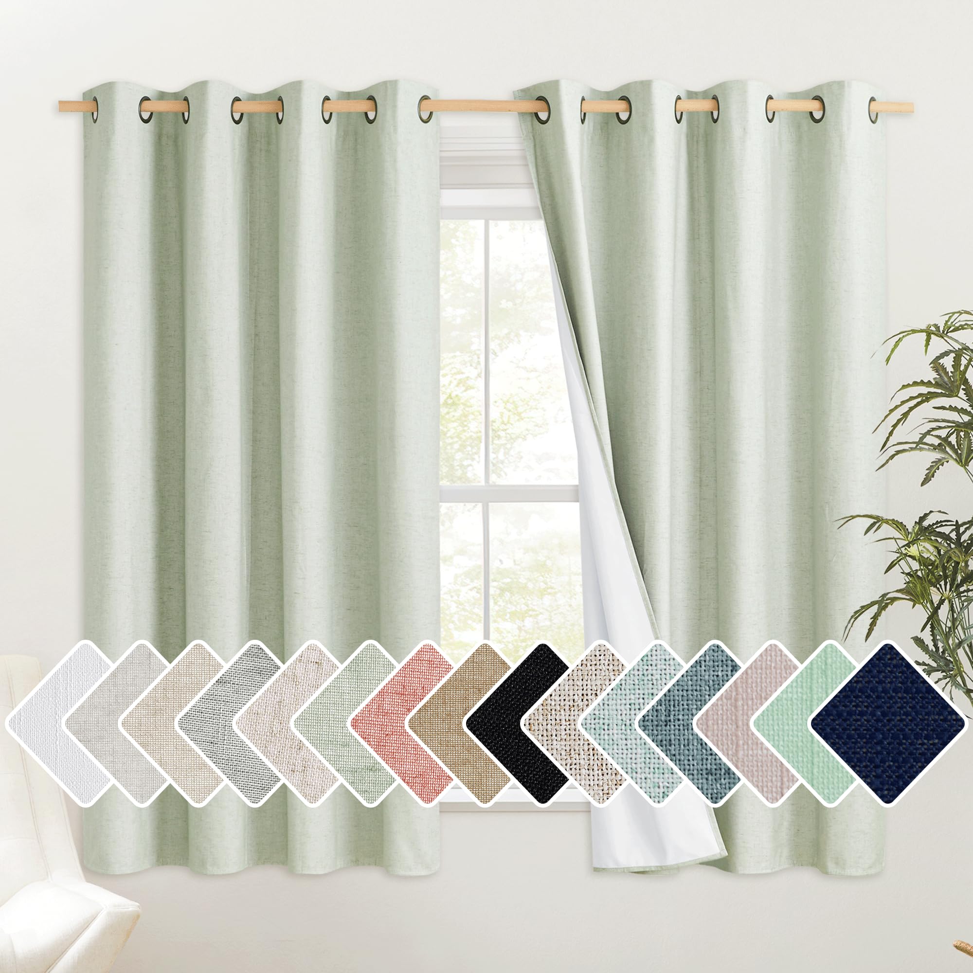 Nicetown Sage Green Short Kitchen Linen Blackout Curtains 45 Inches Length, 52' Wide, Pair Of Thermal Insulated & Energy Efficiency Cold Reducing Drapes For Windows, Lined Linen Flax Window Dressing