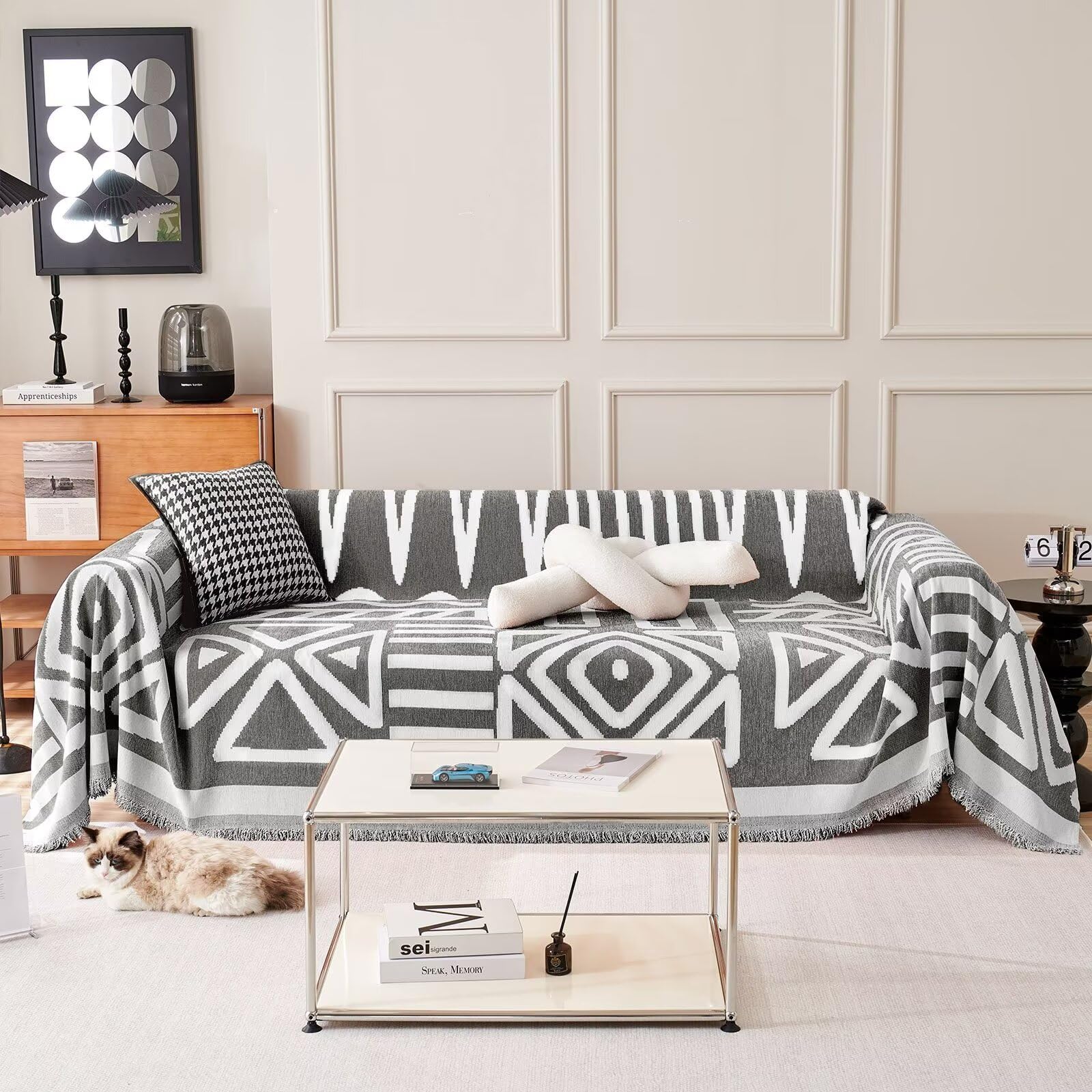 Vclife Boho Couch Cover Modern White Dark Grey Plaid Triangle Plaid Geometry Jacquard Sofa Slipcover Dog Couch Covers For 3 Cush