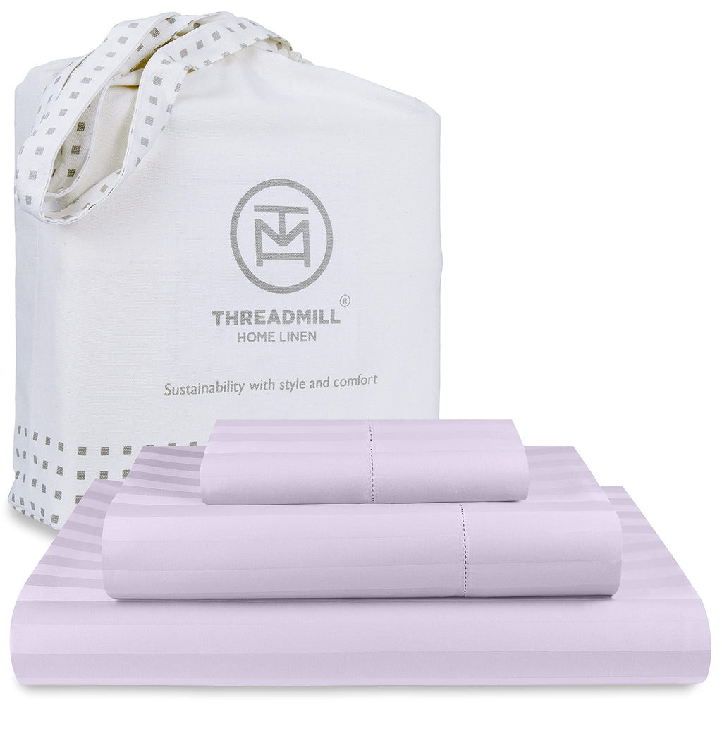 Threadmill 500 Thread Count Twin Size Damask Stripe, 3 Pc Luxury Cotton Sheet Set, Breathable & Silky Soft Lilac Sheets with 15'