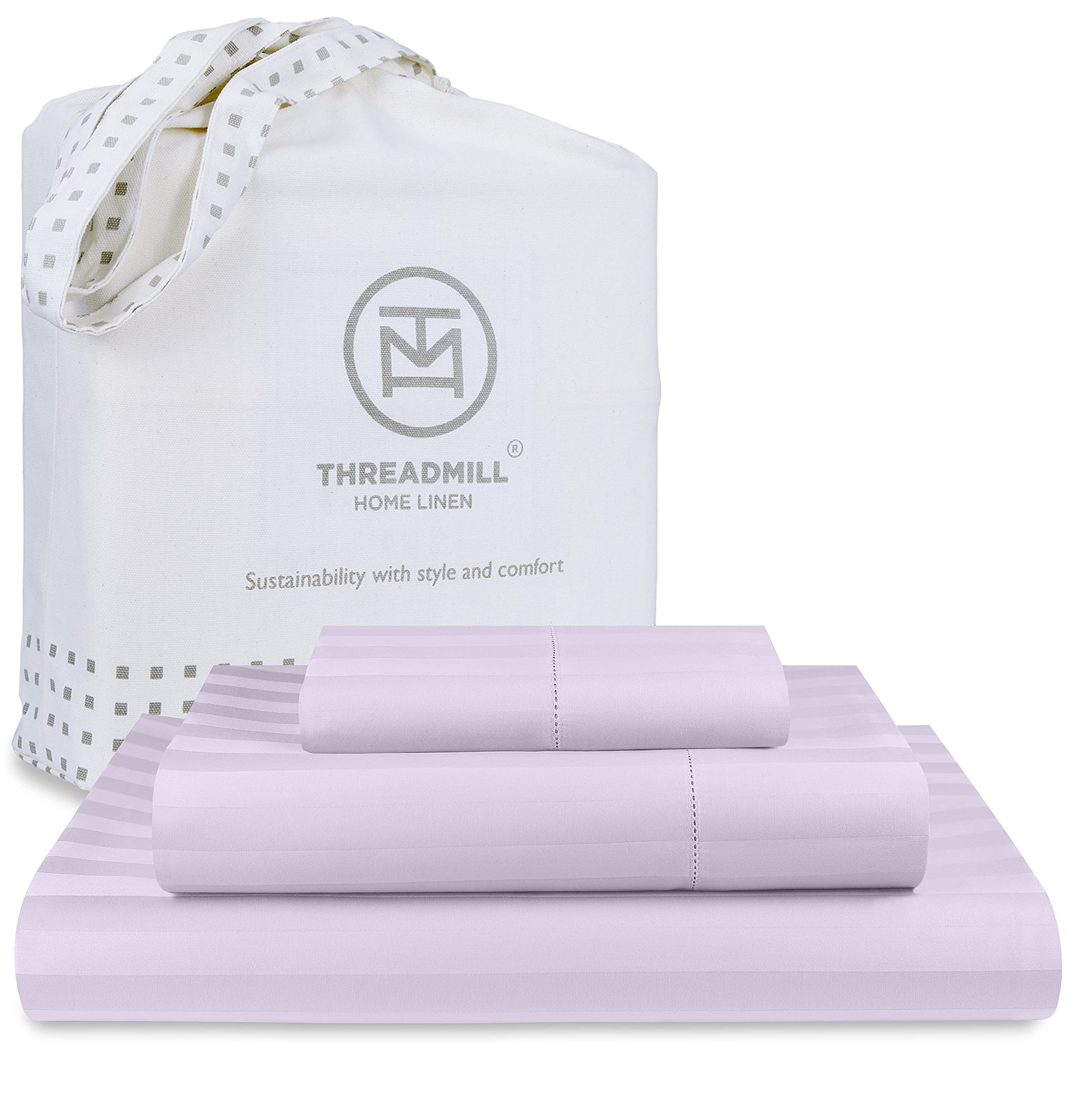 Threadmill 500 Thread Count Twin Size Damask Stripe, 3 Pc Luxury Cotton Sheet Set, Breathable & Silky Soft Lilac Sheets with 15'