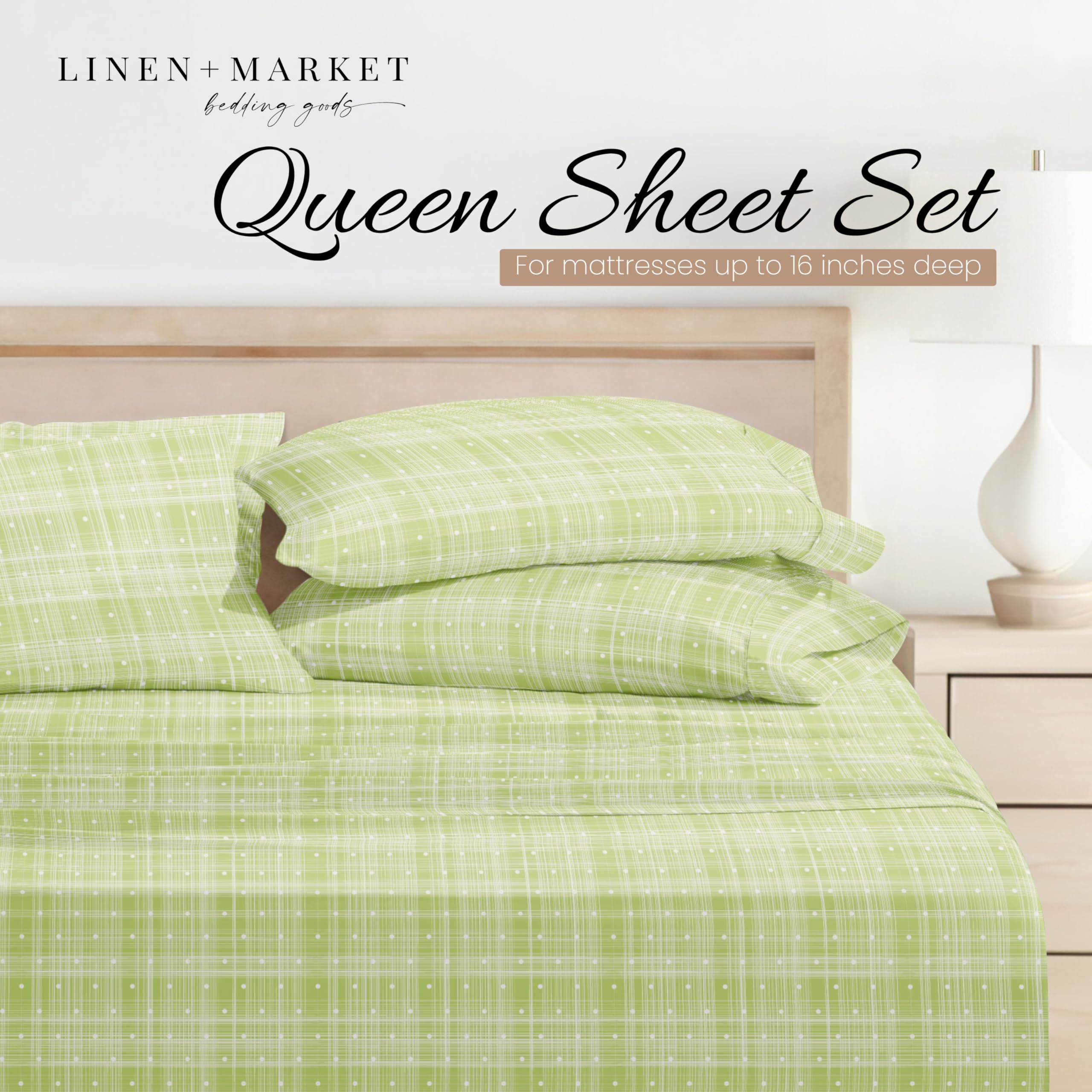Linen Market 4 Piece Queen Bedding Sheet Set (Polka Dot Moss) - Sleep Better Than Ever With These Ultra-Soft & Cooling Bed Sheet