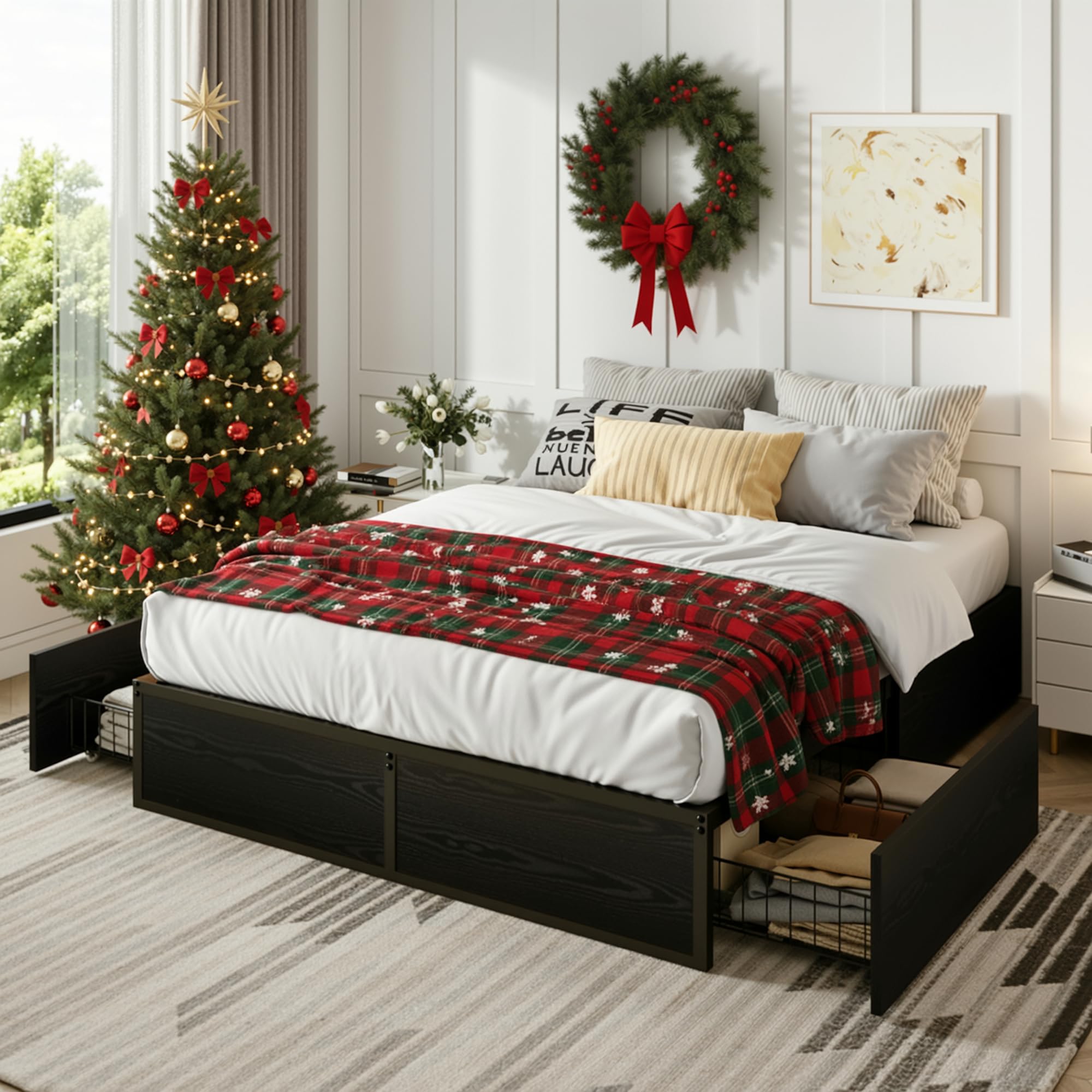 SHA CERLIN Queen Platform Bed Frame with 2 Large Storage Drawers, Rustic Wood and Metal, Noise-Free, Easy Assembly, No Box Sprin