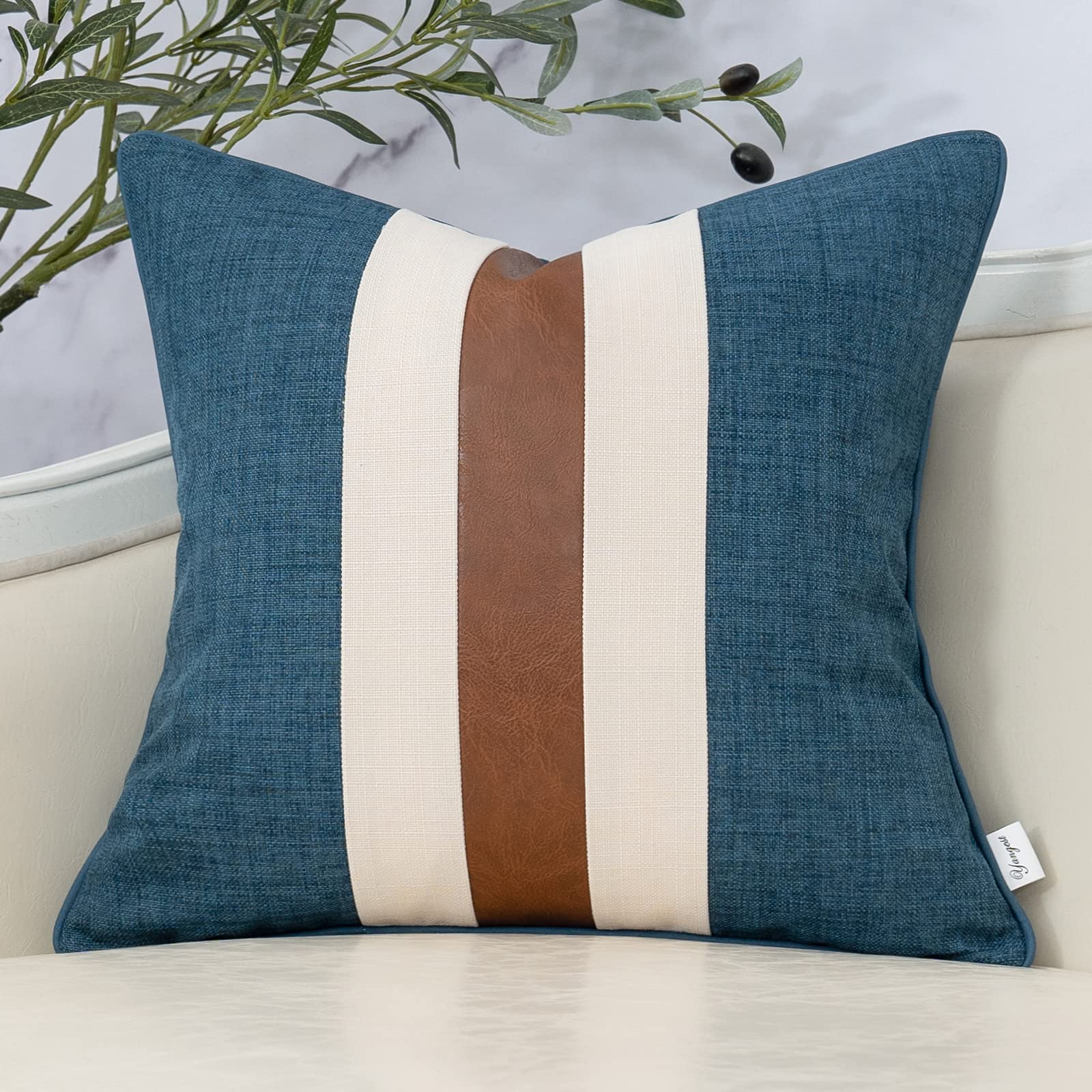 Yangest Patchwork Pillow Cover 24X24 Inch Luxury Cotton And Linen Cushion Cover Faux Leather Pillowcover For Couch Bedroom Livin