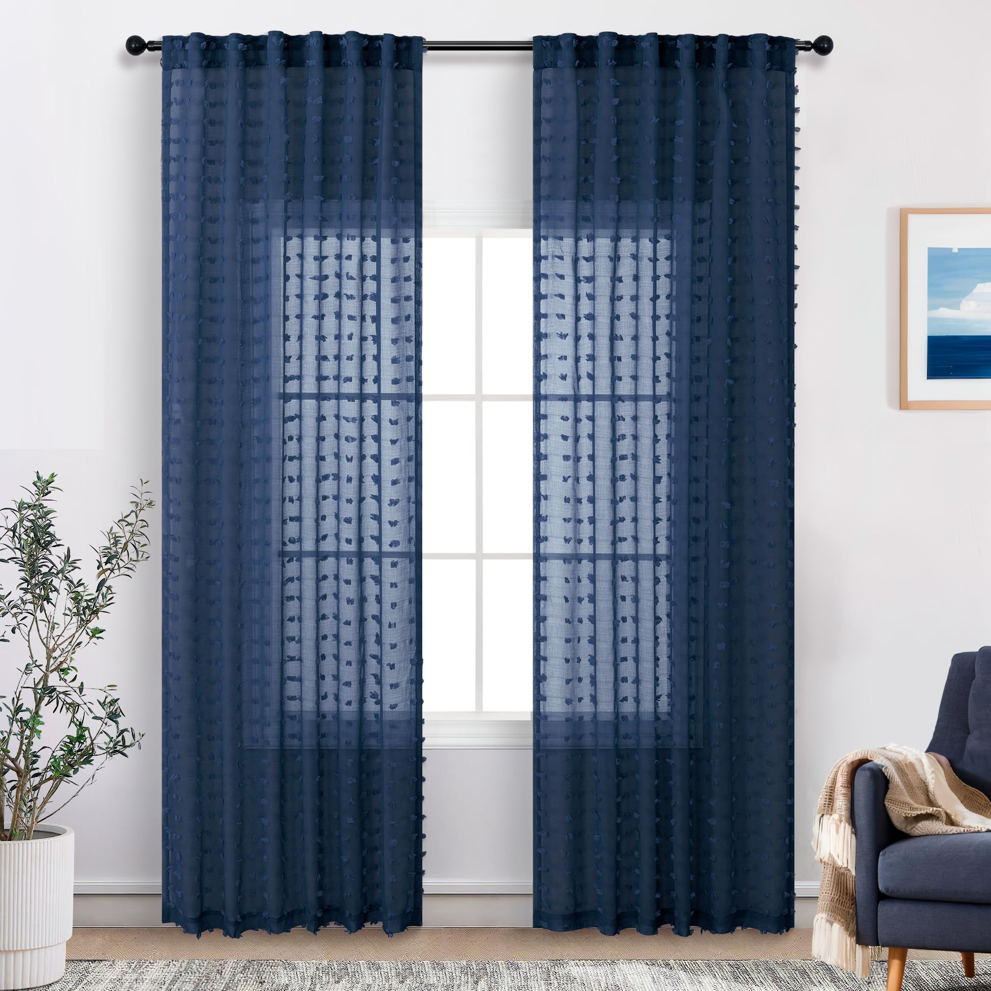 Navy Blue Curtains 90 Inches Long For Living Room Bedroom Cute Pom Pom Farmhouse Boho Drapes Semi Sheer Nursery Kids Room Classr