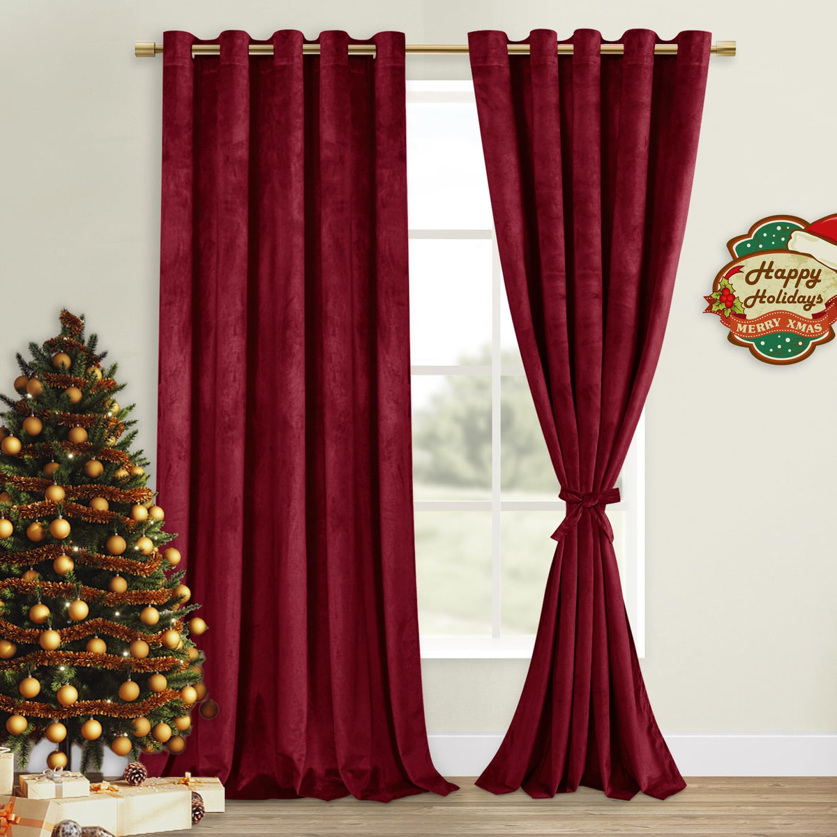 Dwcn Wine Red Blackout Velvet Curtains - 96 Inches Tieable Grommet Thermal Insulated Christmas Holiday Decorative Backdrops For