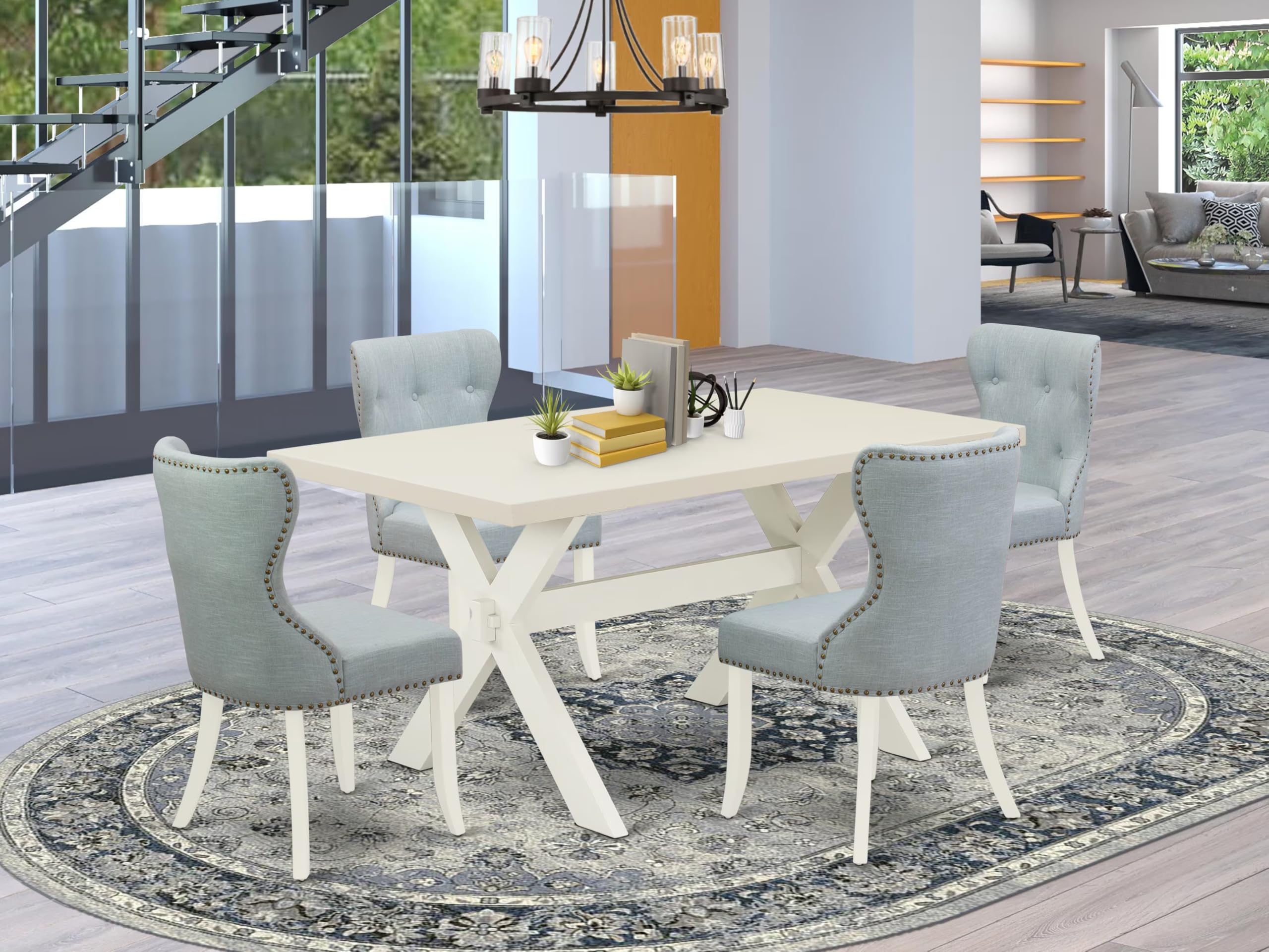 East West Furniture X026Si215-5 5 Piece Dining Room Furniture Set Includes A Rectangle Dining Table With X-Legs And 4 Baby Blue Linen Fabric Upholstered Chairs, 36X60 Inch, Multi-Color