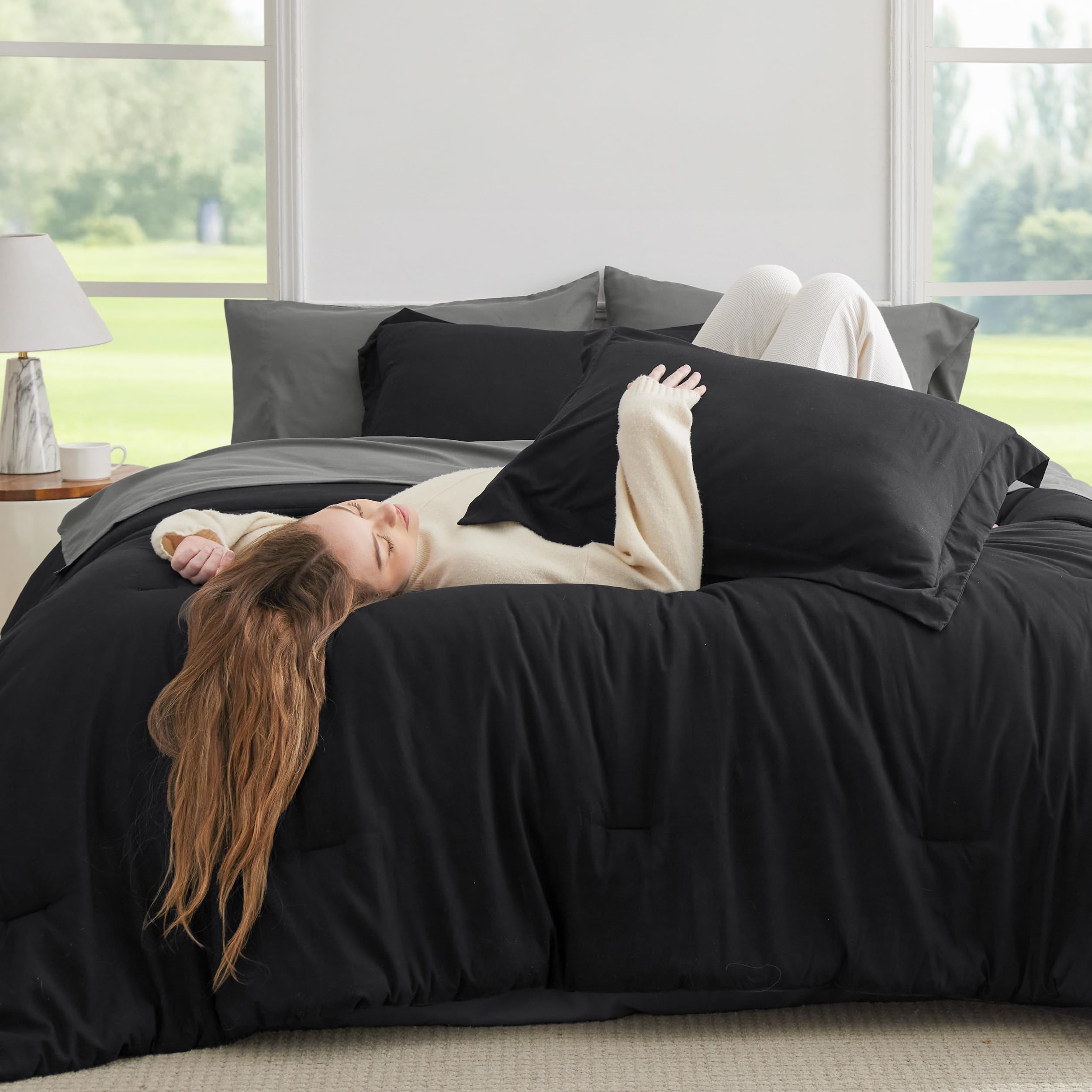 Bedsure Queen Comforter Set - 7 Pieces Black Queen Bedding Set For All Seasons, Boho Contrasting Design Bed In A Bag With Comforter, Sheets, Pillowcases & Shams