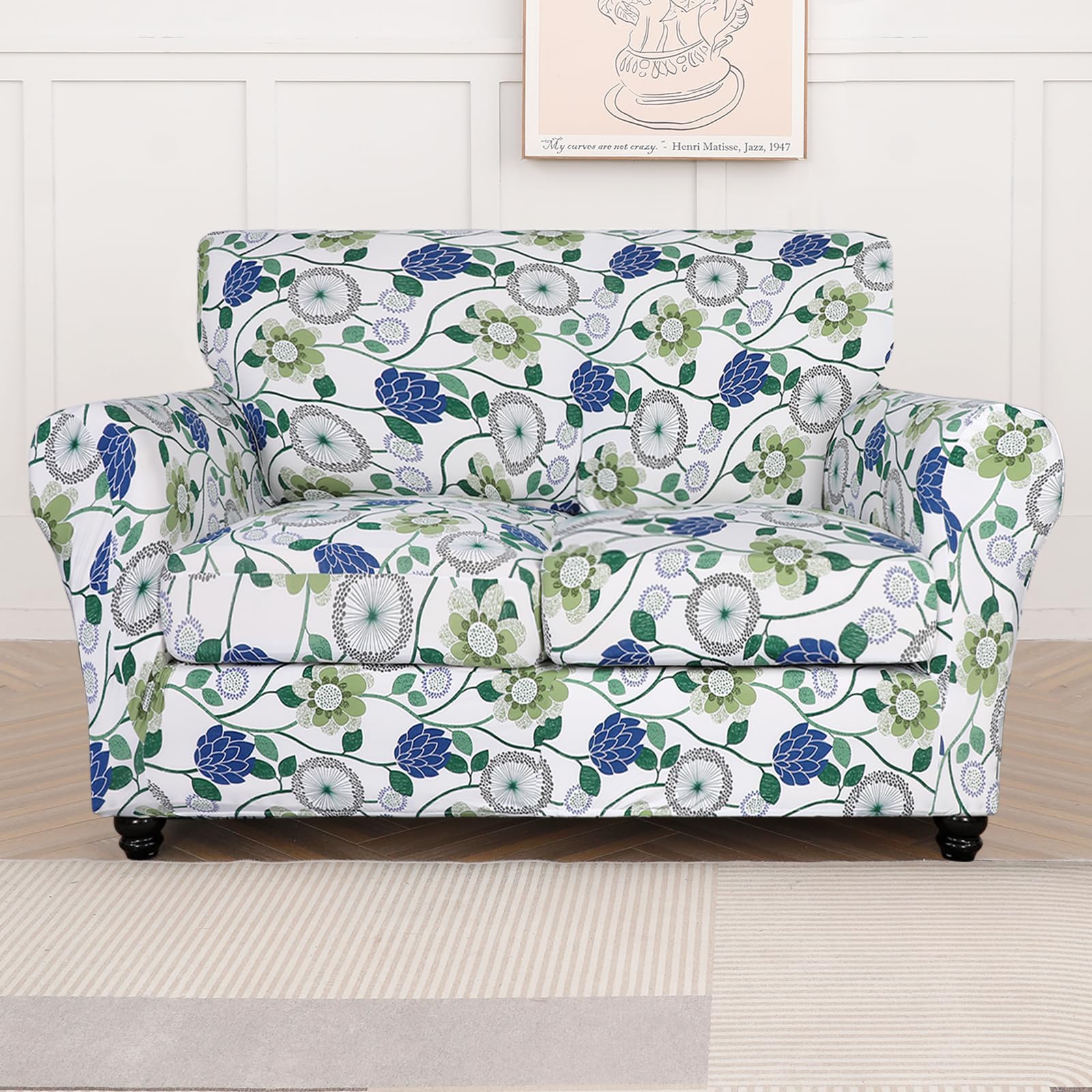 Searchi Stretch Sofa Cover Printed Couch Cover, Floral Pattern 3 Pieces Loveseat Slipcover With 2 Separate Cushion Cover, Washable Furniture Protector For Living Room(Loveseat, Green Flowers)