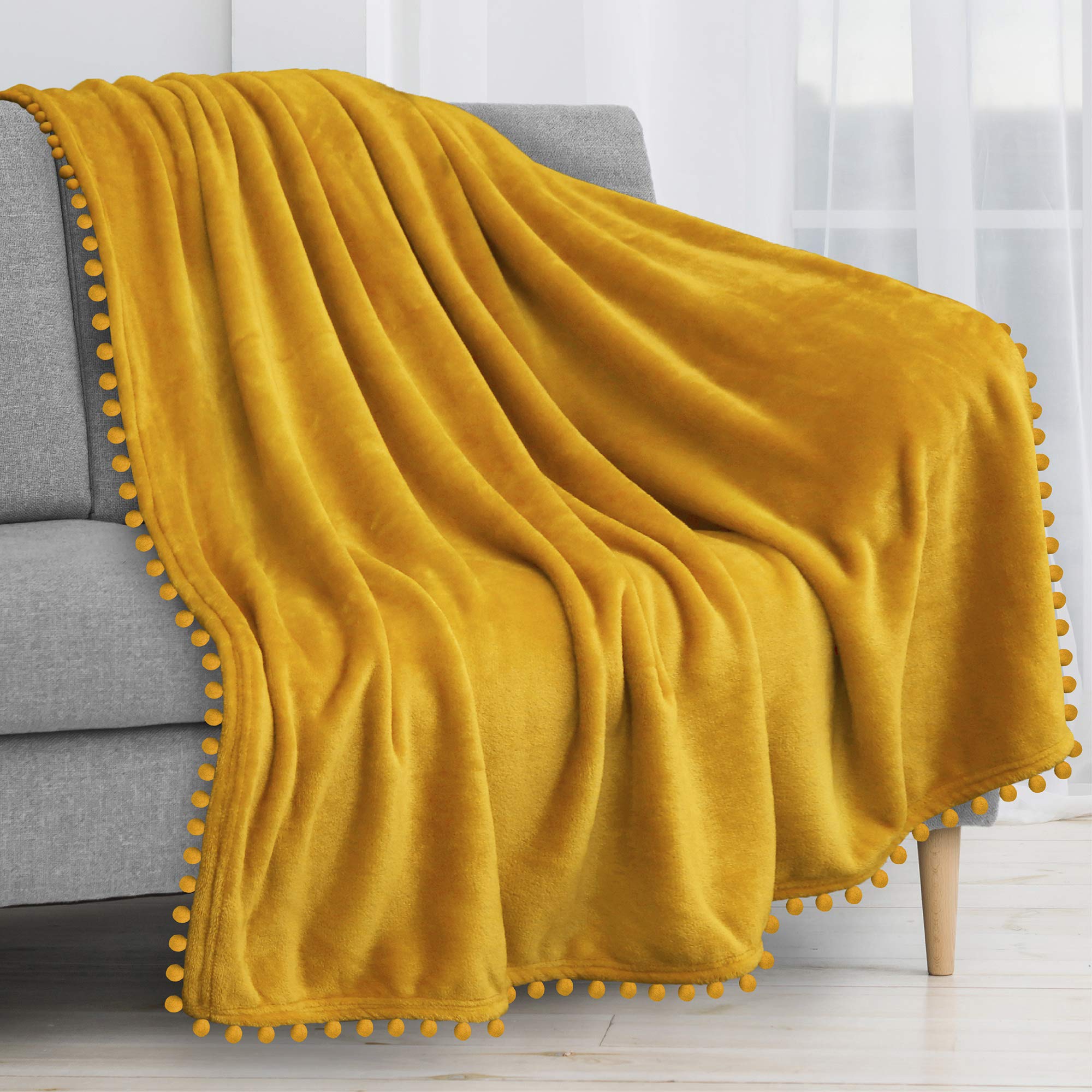 Pavilia Pom Pom Blanket Throw, Mustard Yellow Gold | Soft Fleece Pompom Fringe Blanket For Couch Bed Sofa | Decorative Cozy Plus