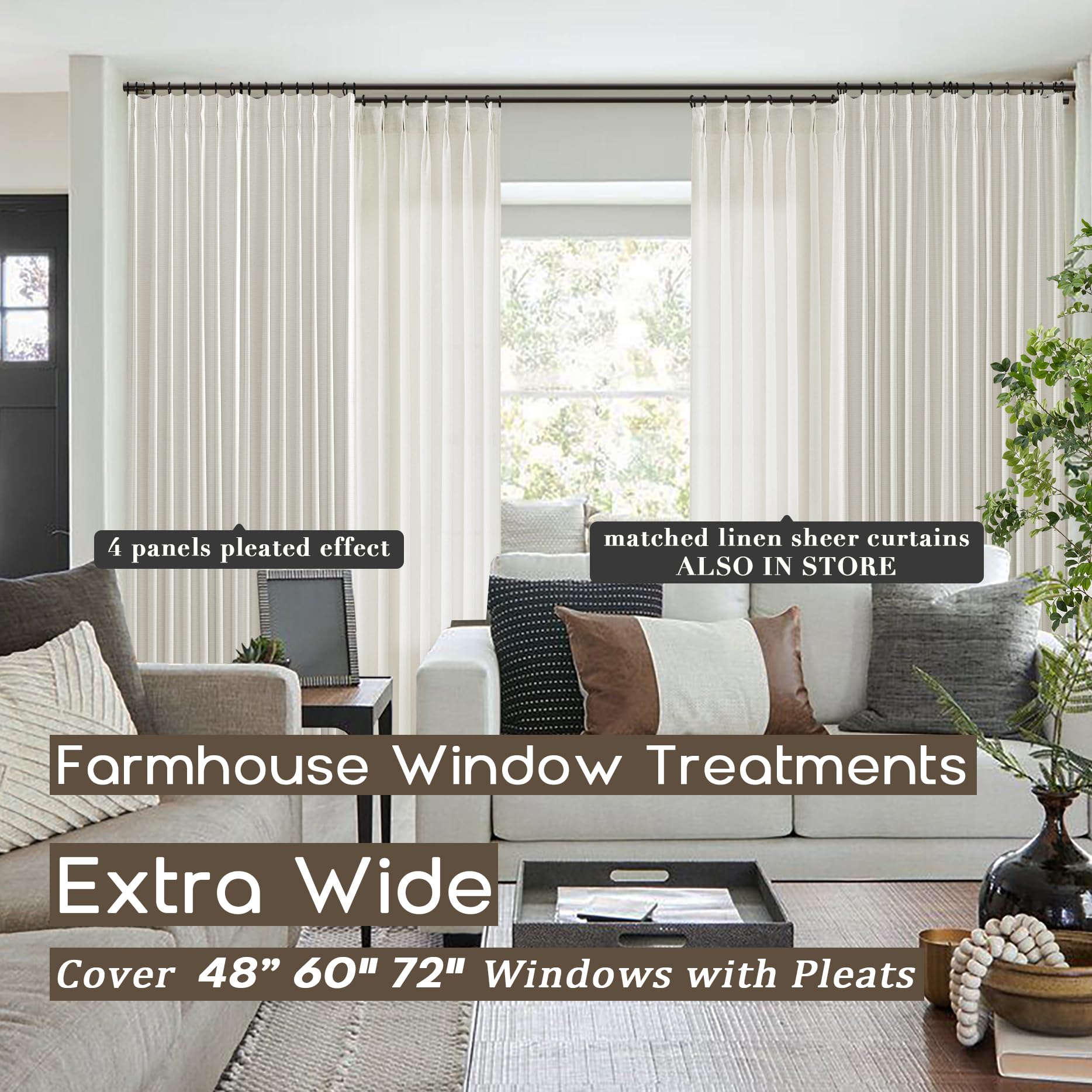 Shineland 90 Inch Curtains Long,Extra Wide Blackout Thick Linen Pinch Pleated Black Block Out Farmhouse Curtains For Living Room Bedroom 2 Panels Set