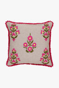 Mezposh Beige, Pink & Green Floral Embroidered Chambray Canvas Cushion Cover (16X16)