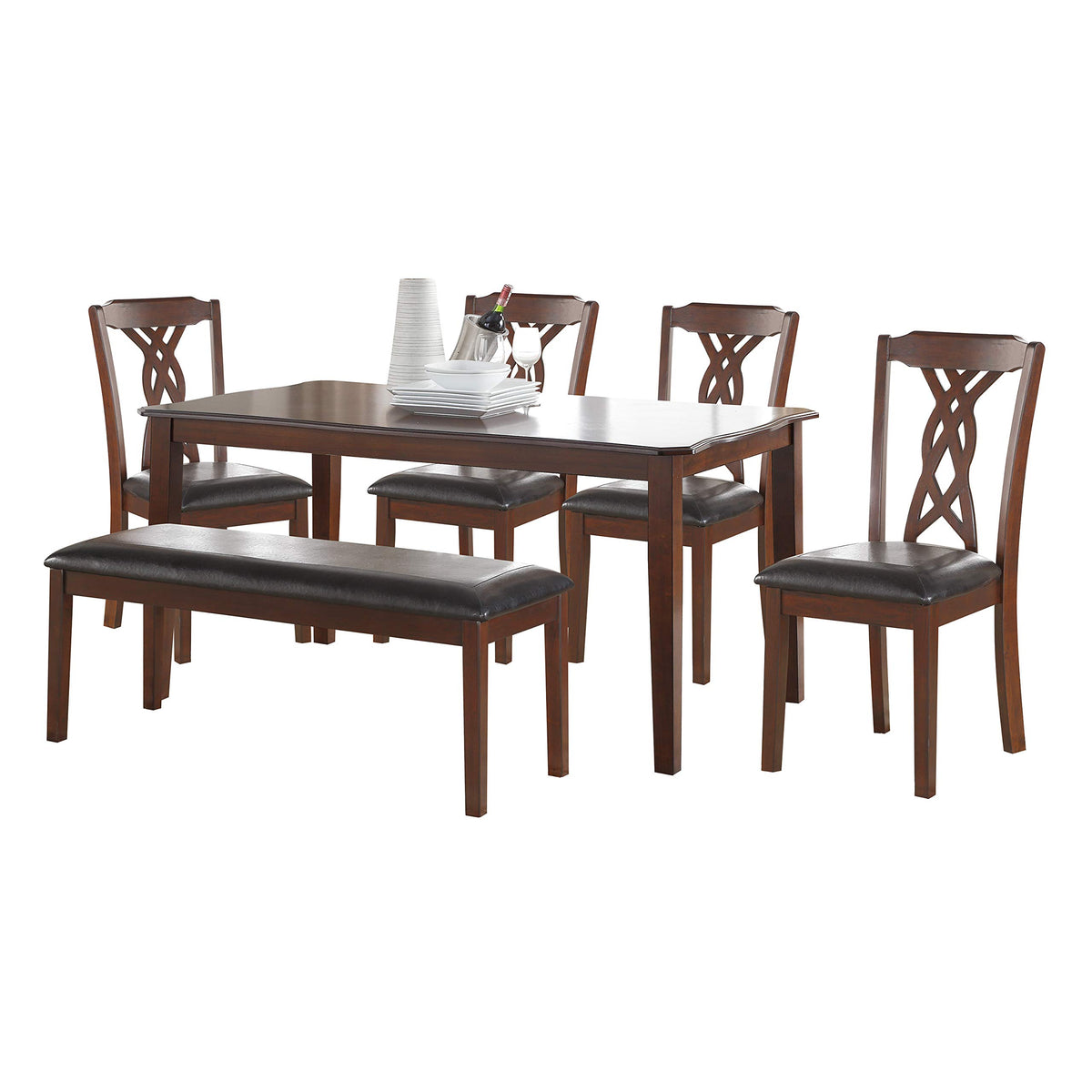 HomeRoots PU, Foam, Rubber Wood, MD 60' X 36' X 30' 6Pc Black Leatherette and Espresso Dining Set