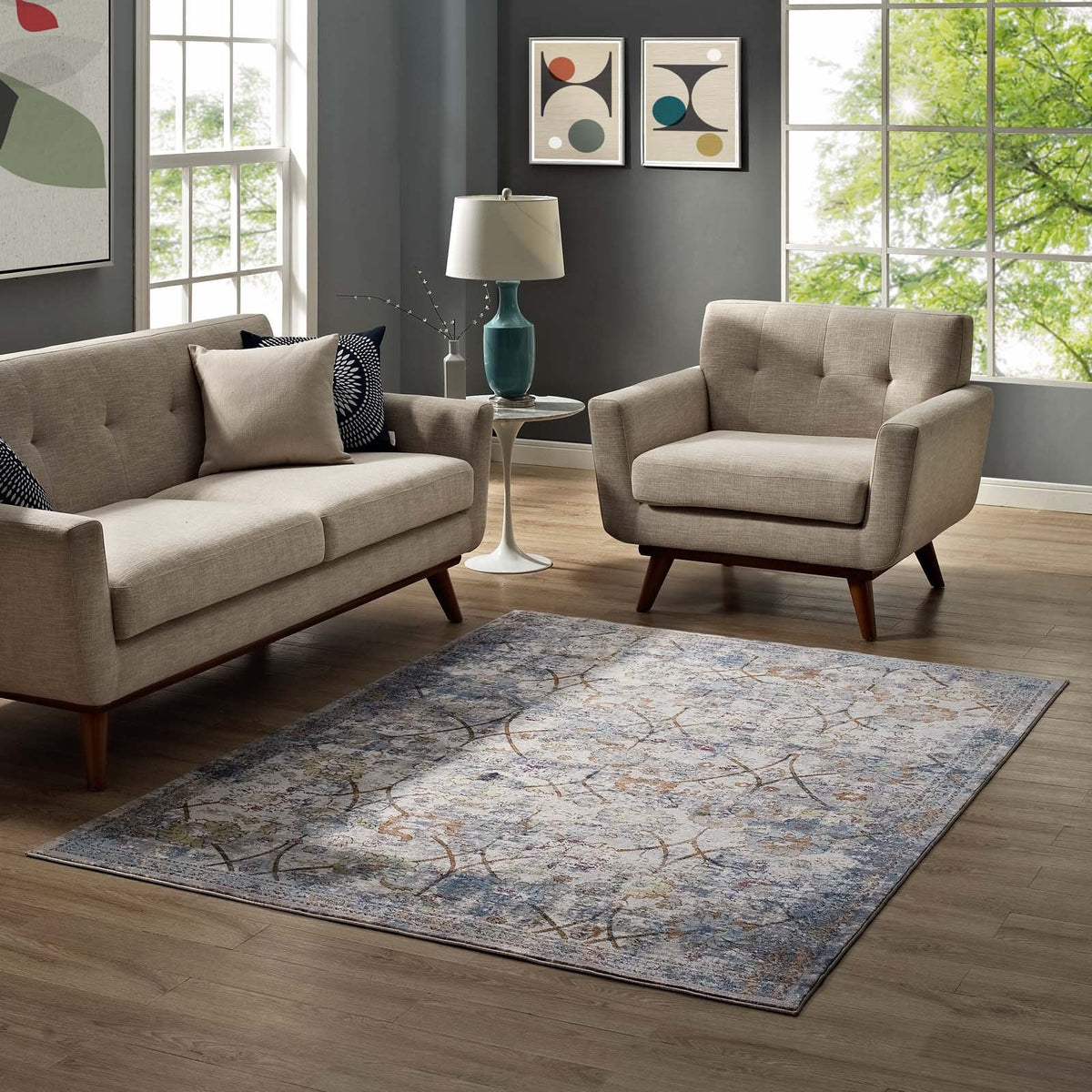 Modway Minu Distressed Floral Lattice 5X8 Area Rug In Light Blue, Yellow And Orange