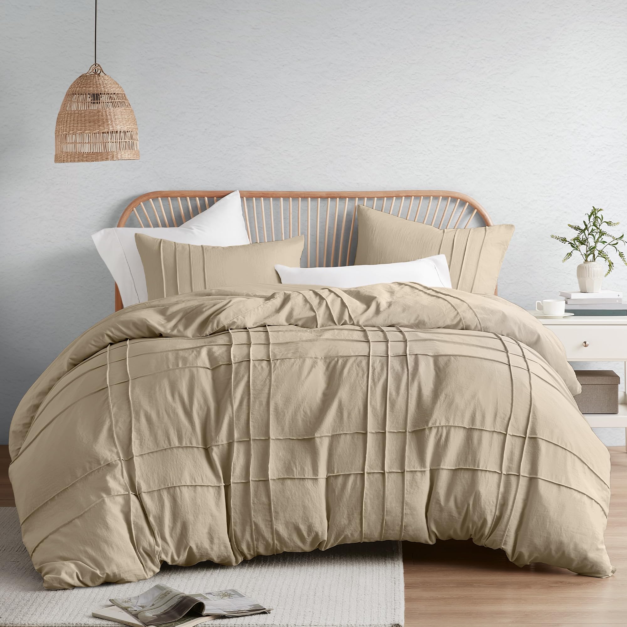 Comfort Spaces Khaki King Size Duvet Cover Set - 3-Pc Pintuck Pleated Duvet Cover King, All Season Lightweight, Extra Softness Pre-Washed Microfiber King Bed Cover Shams, King