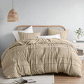 Comfort Spaces Khaki Full Size Duvet Cover Set - 3-Pc Pintuck Pleated Duvet Cover Full, All Season Lightweight, Extra Softness Pre-Washed Microfiber Full Bed Cover Shams, Full