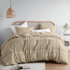 Comfort Spaces Khaki Full Size Duvet Cover Set - 3-Pc Pintuck Pleated Duvet Cover Full, All Season Lightweight, Extra Softness Pre-Washed Microfiber Full Bed Cover Shams, Full