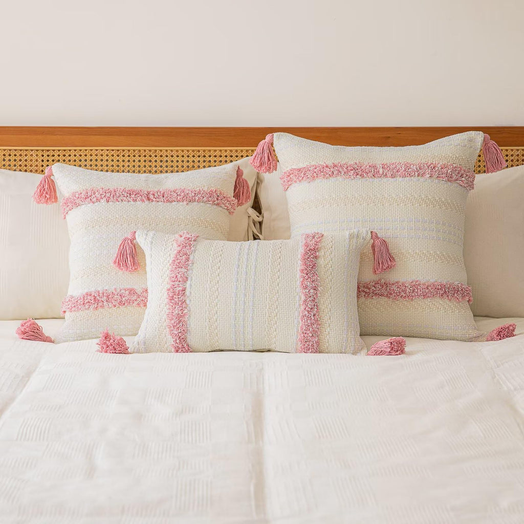 Buiovbey Boho Throw Pillow Covers 20X20 Set Of 2 Woven Tufted Farmhouse Pillows Cover With Tassels Textured Striped Cushion Case