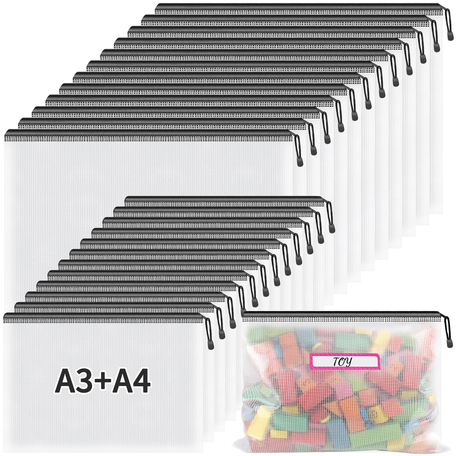 Umriox Mesh Zipper Pouch Bags, A3+A4 (Black, 24 Packs), Zipper Pouches For Organizing, Zipper Bags For Office Supplies Travel Ac