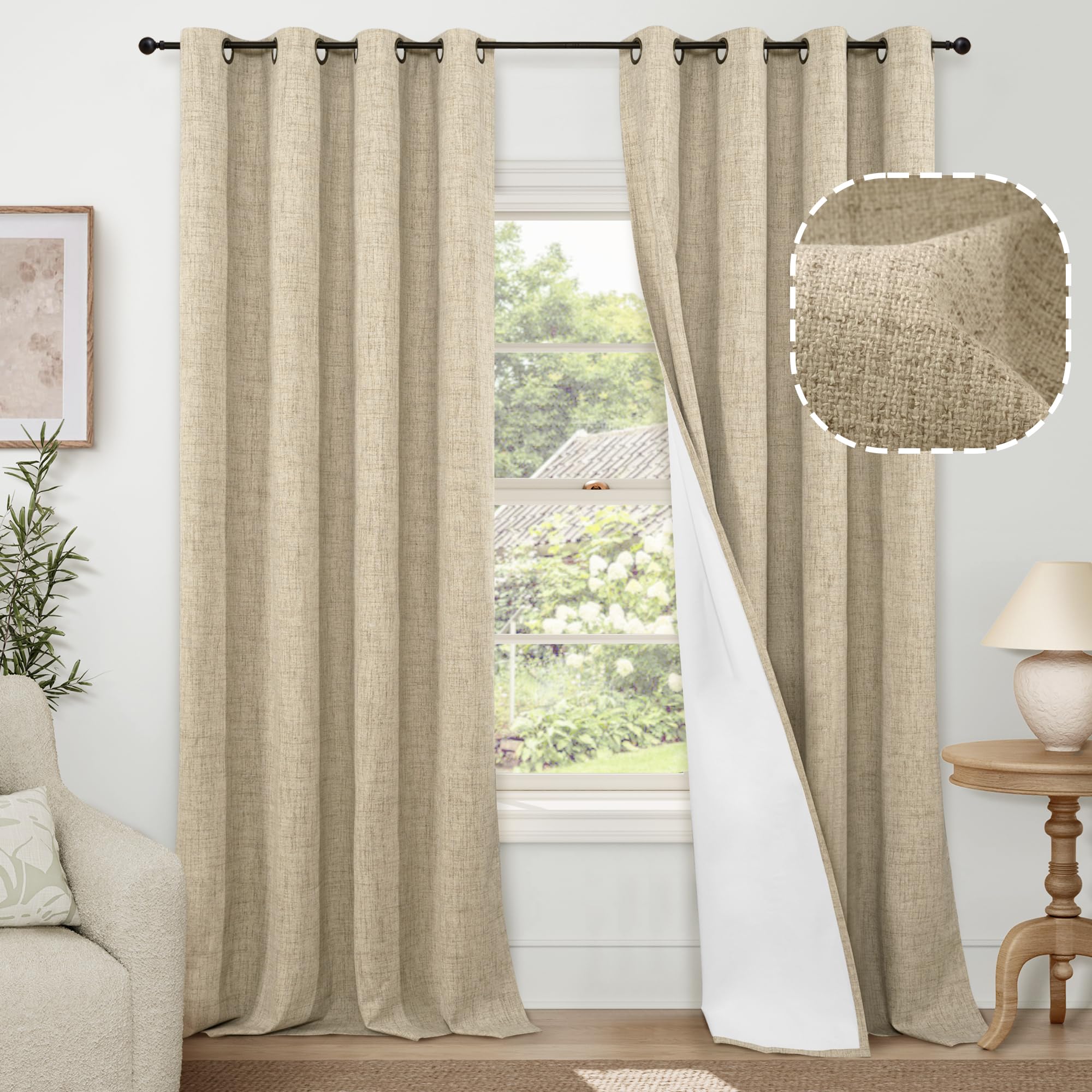 Lajode Faux Linen 100% Blackout Curtains For Living Room/Bedroom 84 Inch Length 2 Panels Set, Thermal Insulated Bronze Grommet B