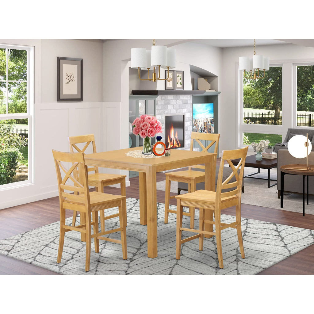 East West Furniture CFQU5-OAK-W CAF 5 Piece Counter Height Pub Set Includes a Square Table and 4 Dining Room Chairs, 42x42 Inch, Oak