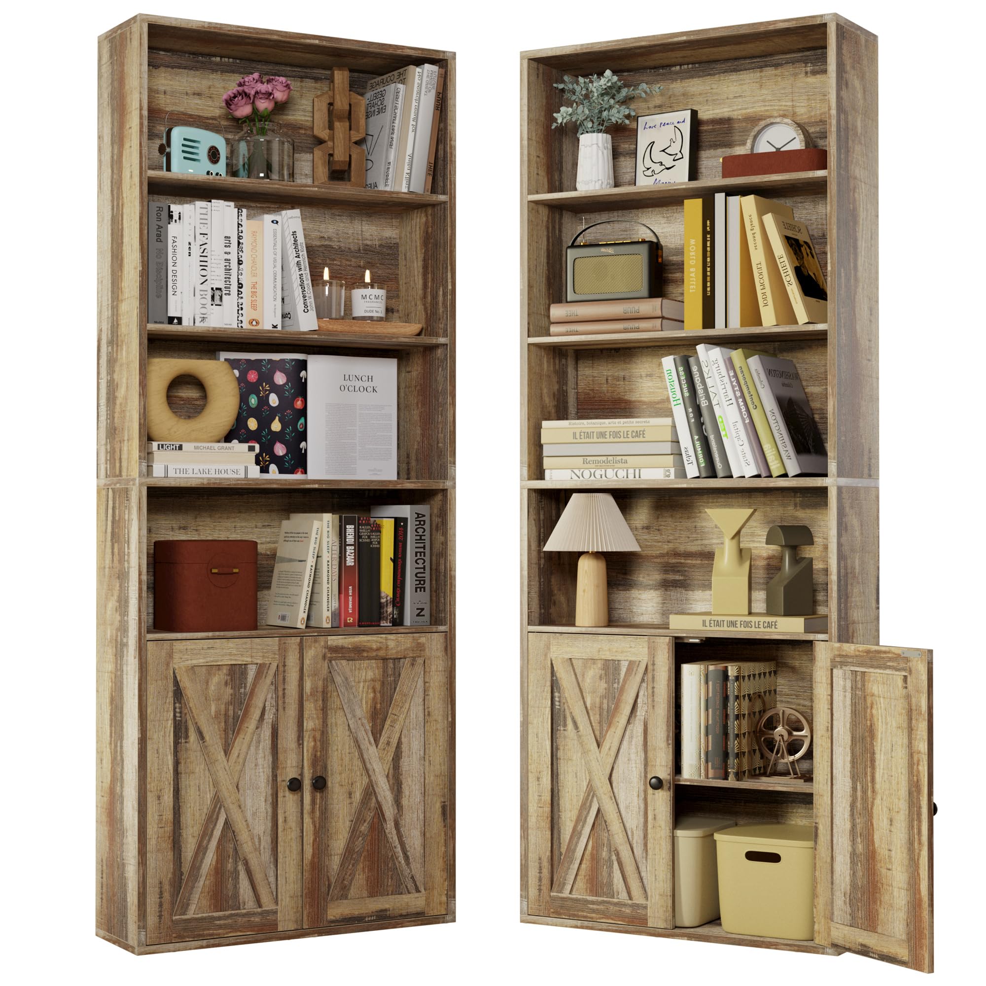 Ironck Industrial Bookshelves And Bookcases With Doors Set Of 2 Floor Standing 6 Shelf Display Storage Shelves 70 In Tall Bookcase For Home Office, Living Room