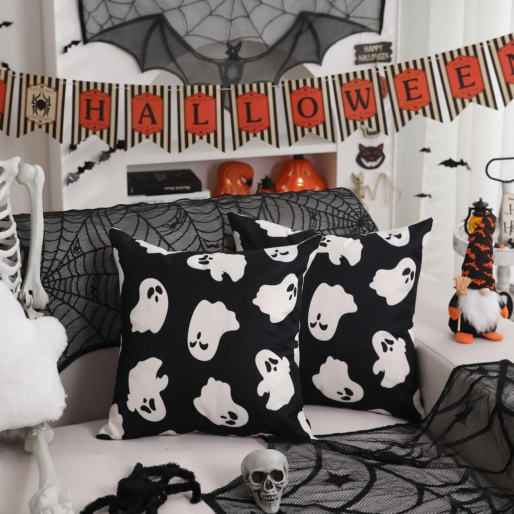 Dfxsz Halloween Pillow Covers 18X18 Inch Set Of 2 Happy Halloween White Ghost Decor Black Pillow Covers Happy Halloween Sofa Bed