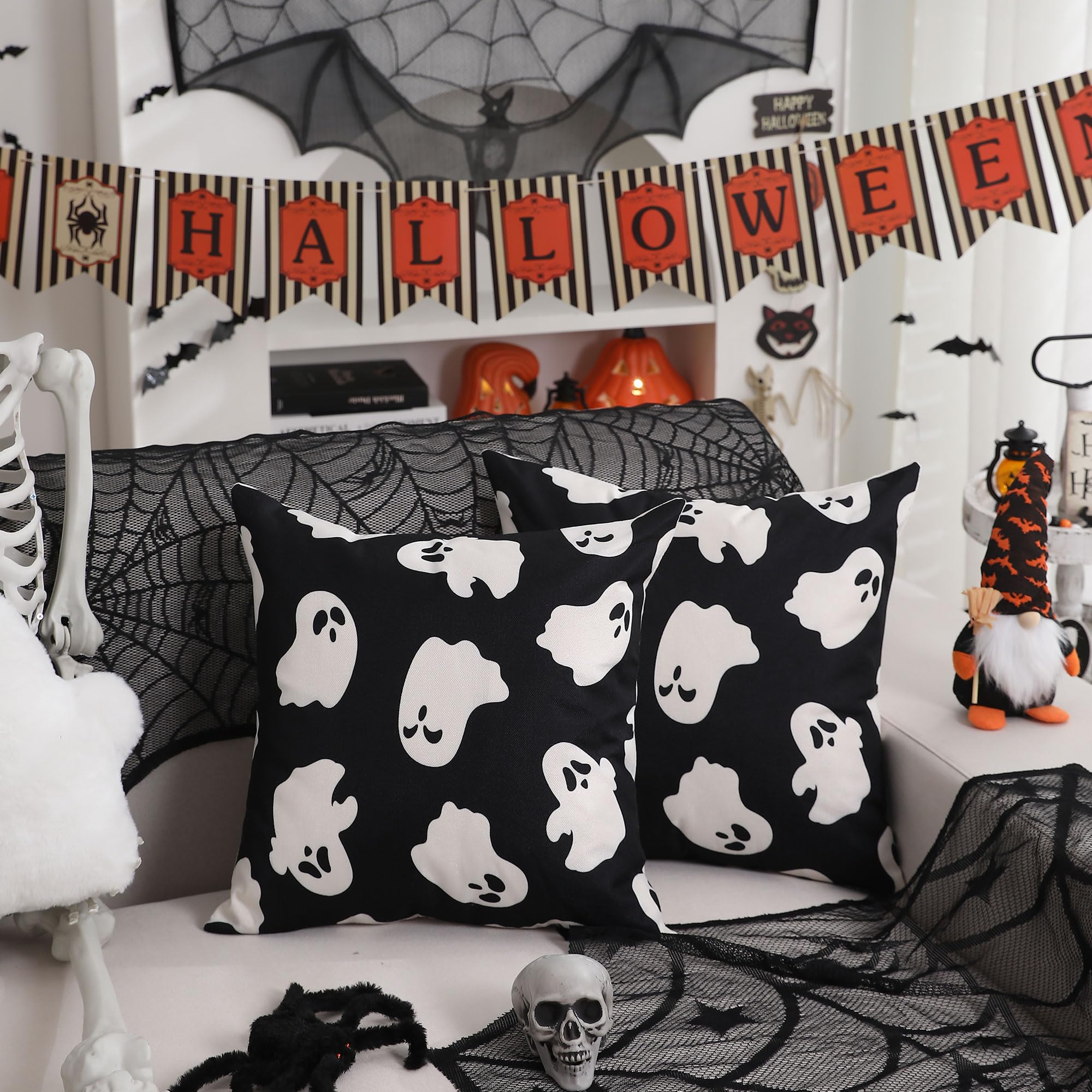 Dfxsz Halloween Pillow Covers 18X18 Inch Set Of 2 Happy Halloween White Ghost Decor Black Pillow Covers Happy Halloween Sofa Bed