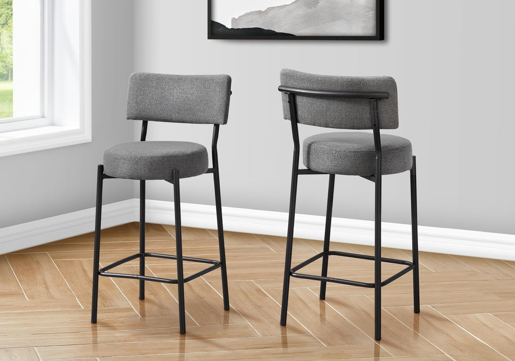 Monarch Specialties I 2246 Barstool, Counter Height, Set of 2, Kitchen, Grey Fabric, Black Metal, Contemporary, Modern