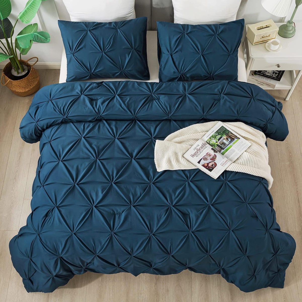 Andency California King Comforter Set Navy Blue (104X96Inch), Pinch Pleat Cal King Comforter Set 3 Pieces, Oversized King Pintuc