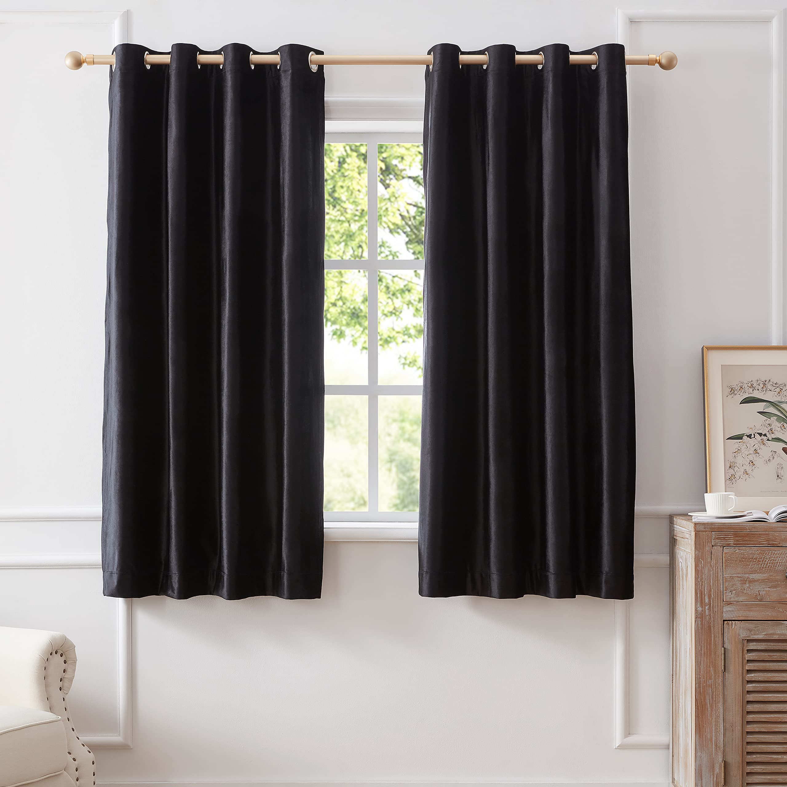 Bulbul Black Curtains 63 Inch Length- Living Room Velvet Blackout Window Drapes Curtains Thermal Insulated Room Darkening Decor