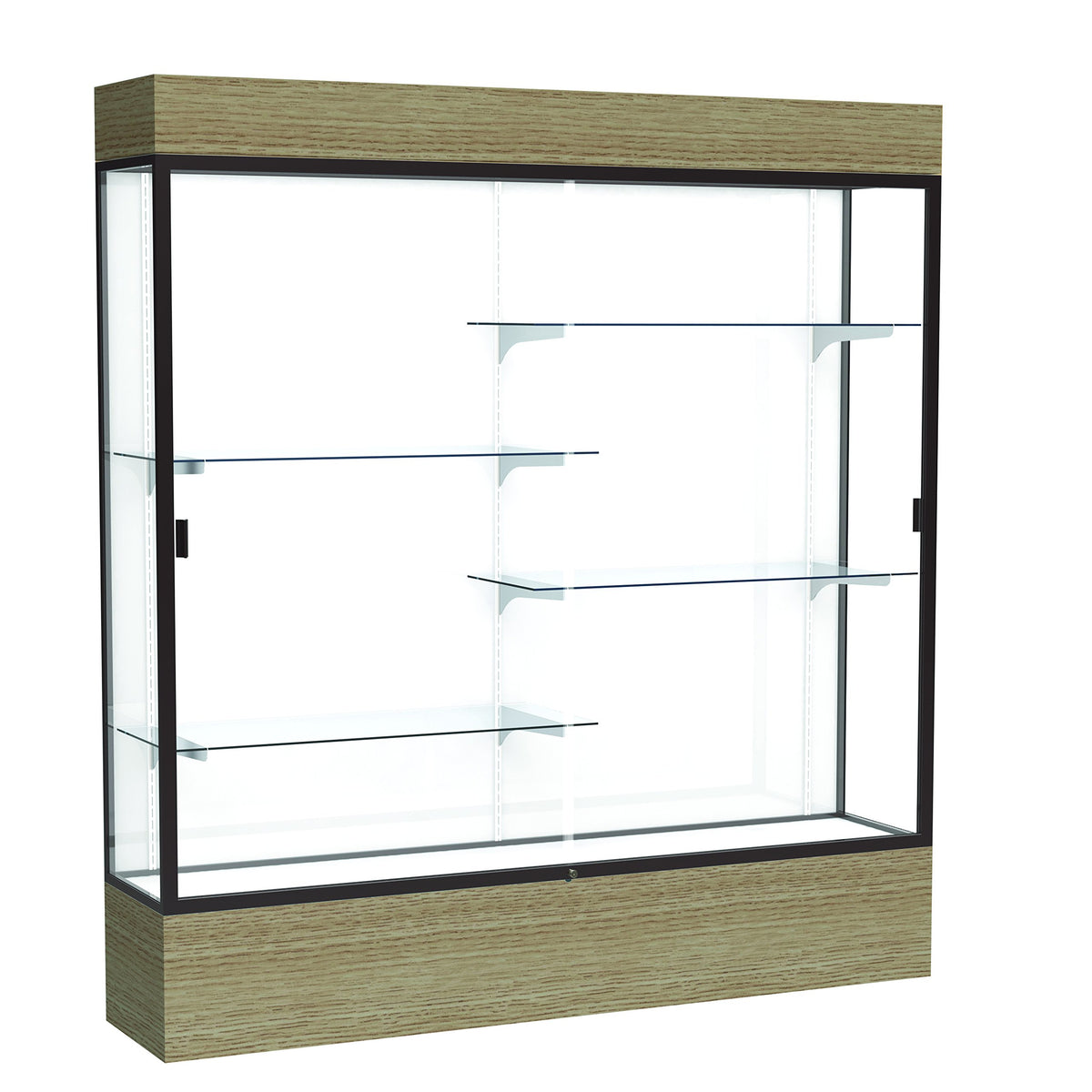 Waddell 72&quot; W X 80&quot; H X 16&quot; D Lighted, White Back, Dk Finish, Oak Base Reliant Floor Display Case, 72&quot;X80&quot;X16&quot;, Driftwood/Dark Bronze