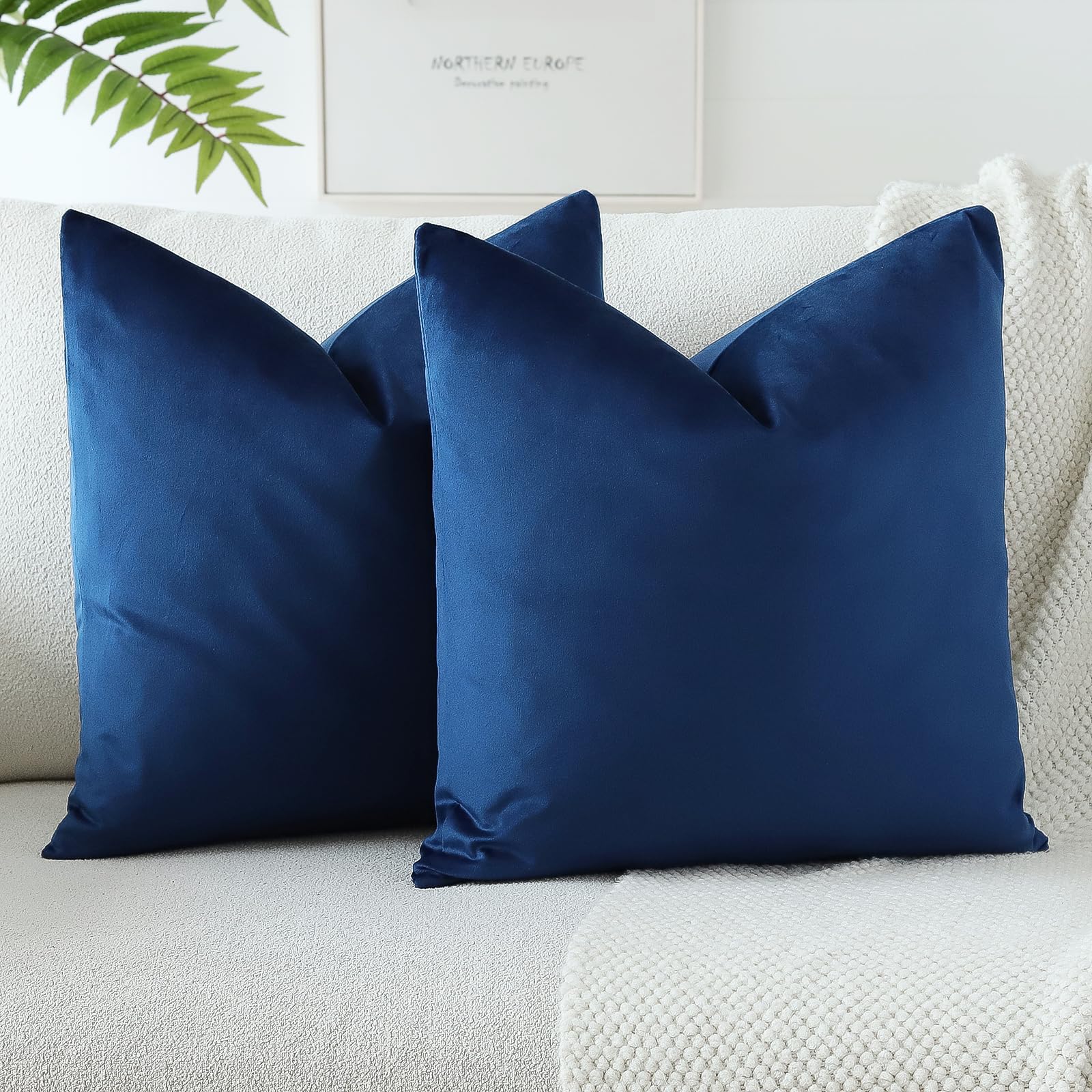Otostar Pack Of 2 Velvet Soft Decorative Throw Pillow Covers 18 X 18 Inch Solid Square Cushion Case Couch Home Decor Pillow Covers For Sofa Bedroom Living Room (Dark Blue)