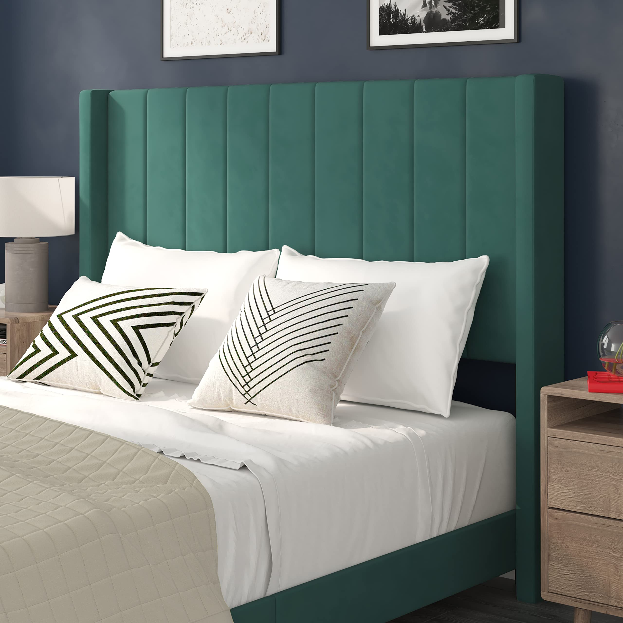 Flash Furniture Bianca Upholstered Platform Bed - Emerald Velvet Upholstery - Queen - Wingback Headboard - Slatted Mattress Foundation - No Box Spring Needed