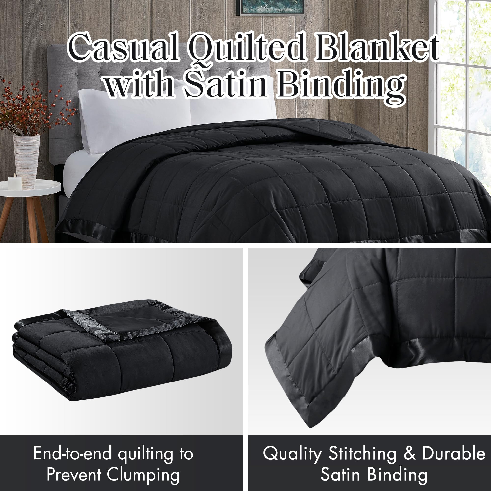 Madison Park Twin Size Blanket Ultra-Soft Microfiber Blanket Twin Size, Box Quilting With Satin Binding, All Season & Lightweight Twin Summer Blanket For Bed, Couch & Sofa, Twin, Black